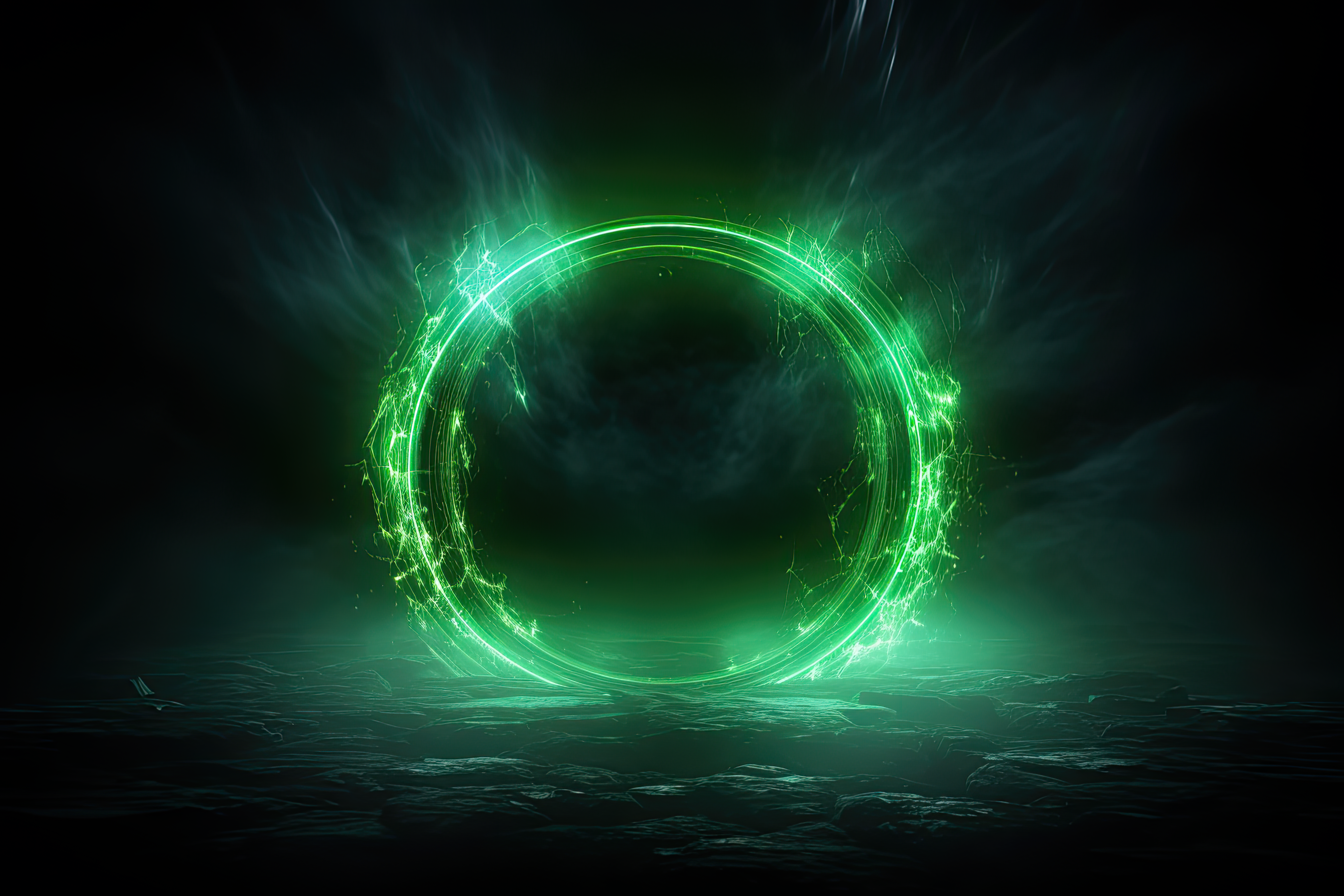 Circular green aura on dark isolated background