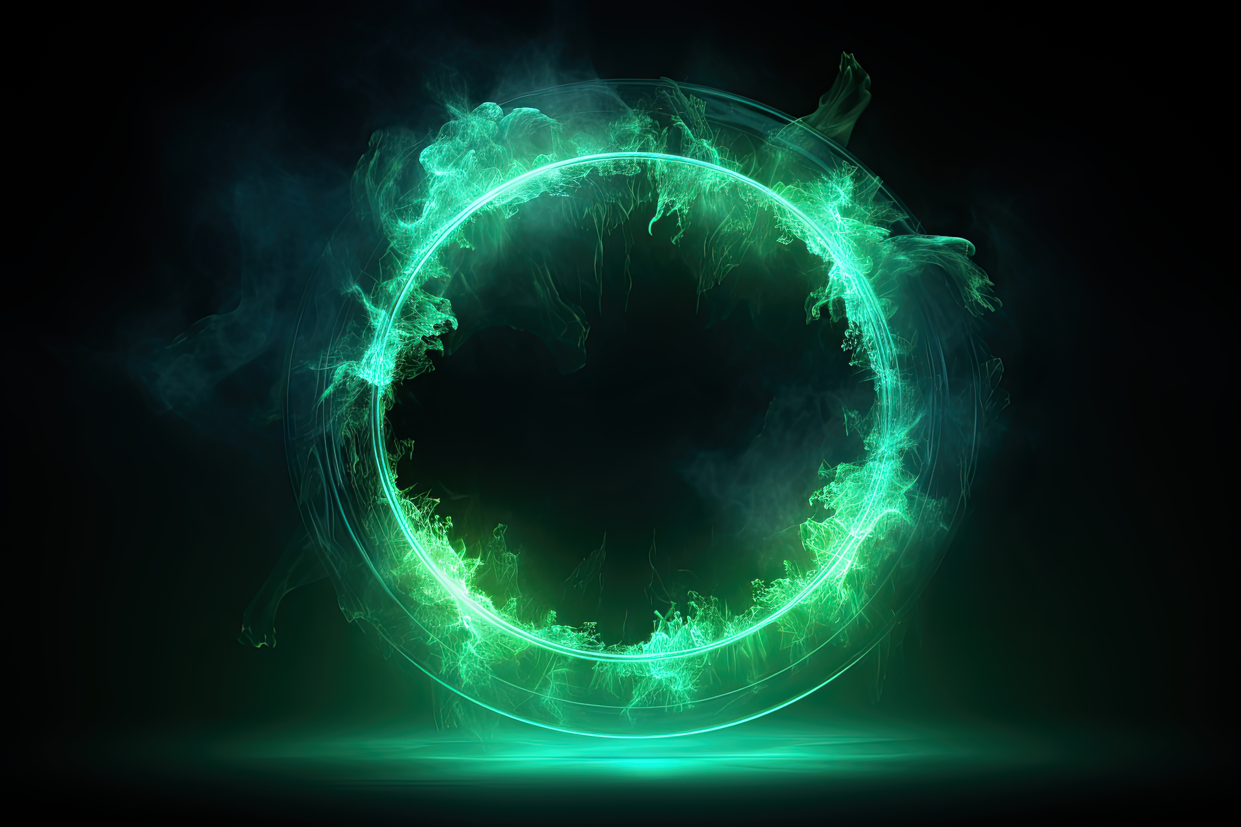 Circular green aura on dark isolated background