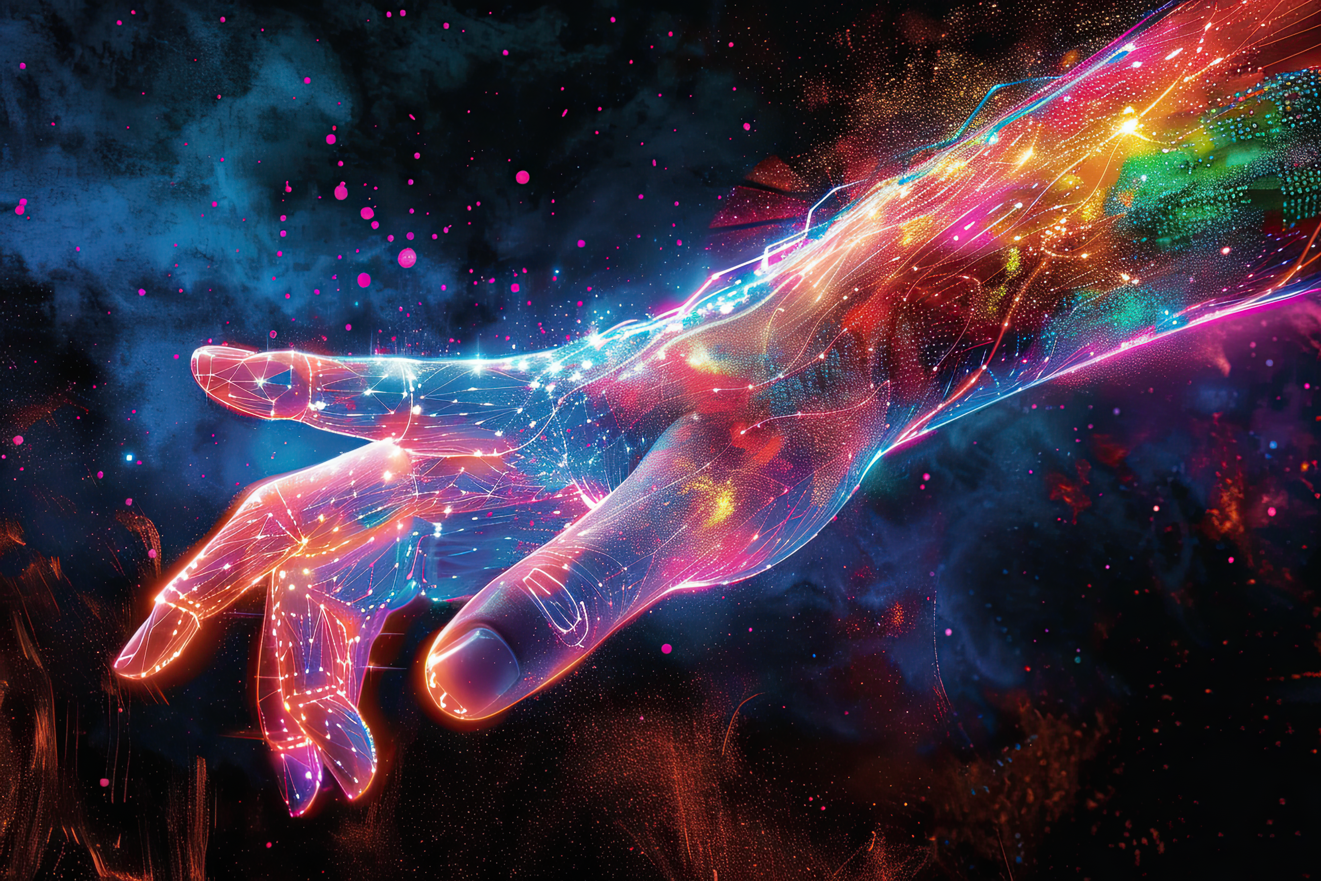 Colorful hologram hand on dark backgrounds, artificial arm, technology concept