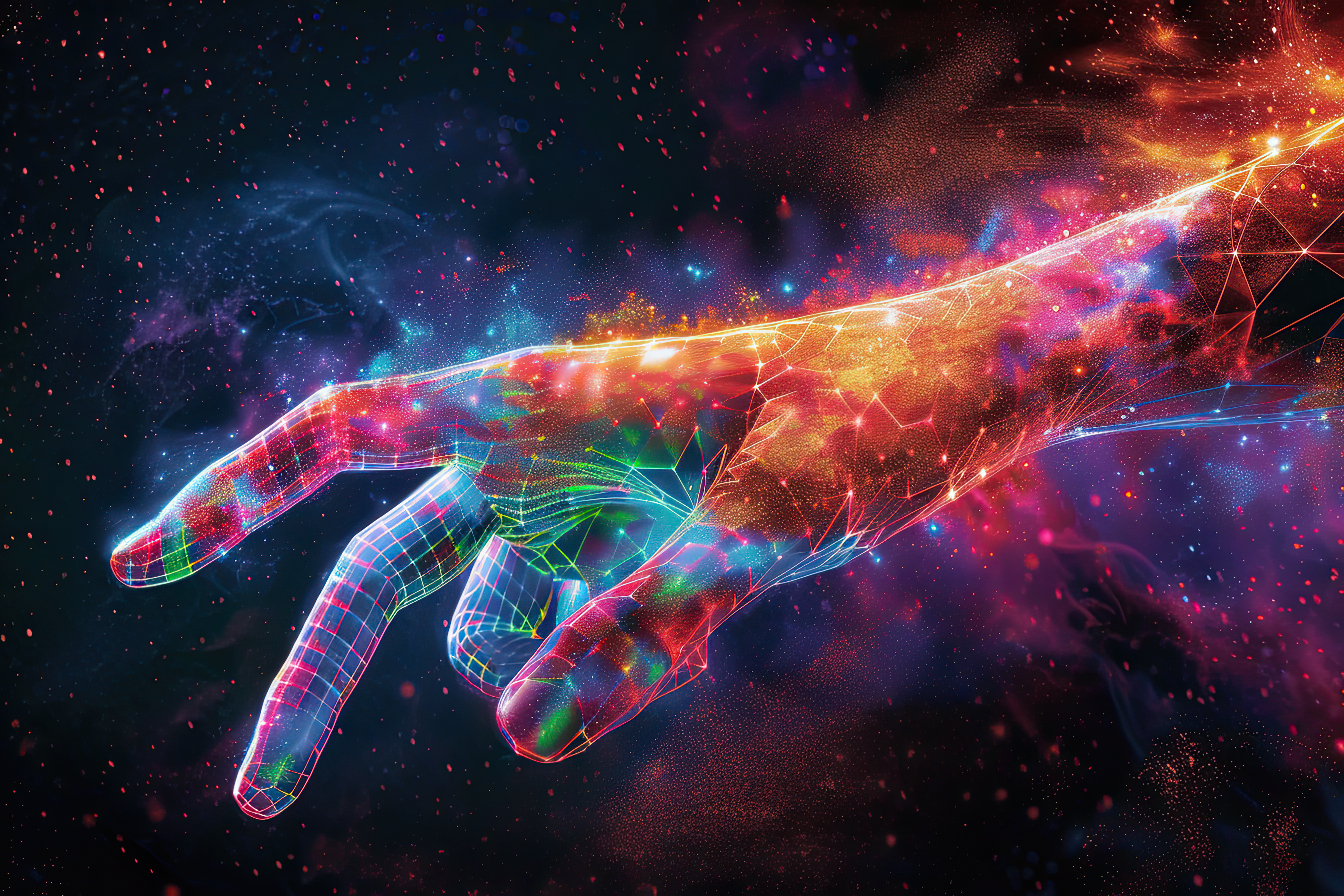 Colorful hologram hand on dark backgrounds, artificial arm, technology concept