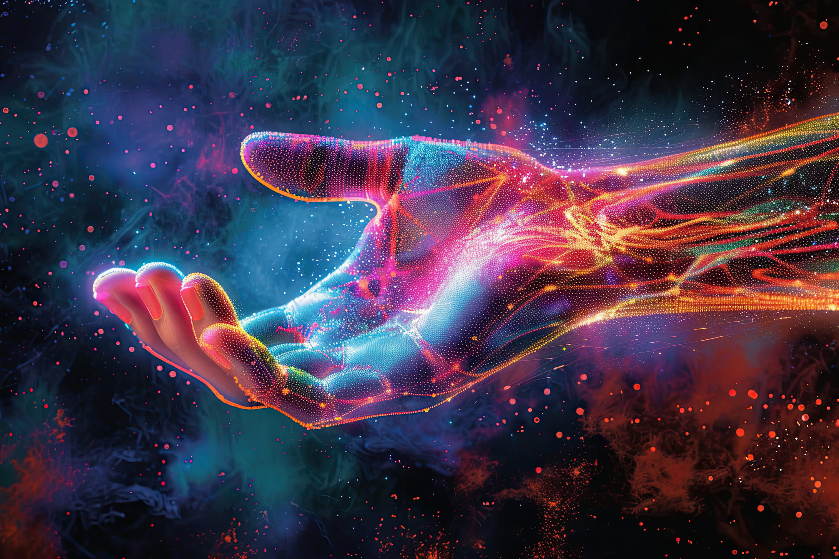 Colorful hologram hand on dark backgrounds, artificial arm, technology concept