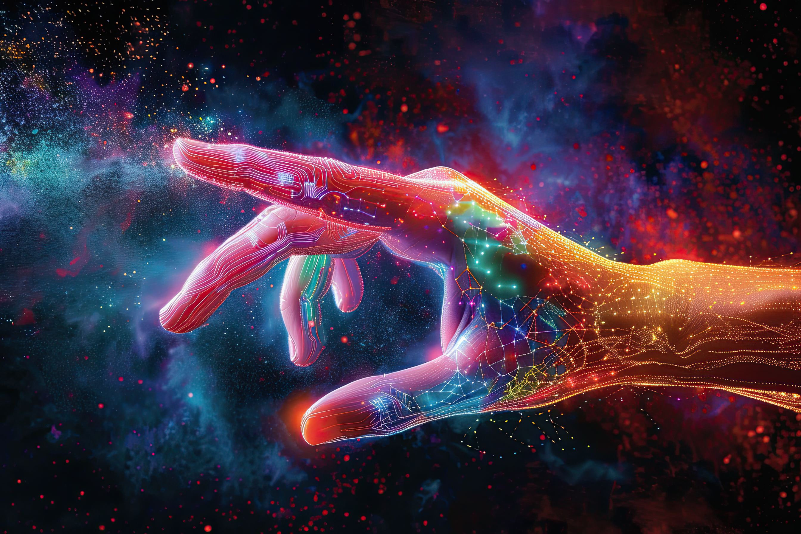 Colorful hologram hand on dark backgrounds, artificial arm, technology concept