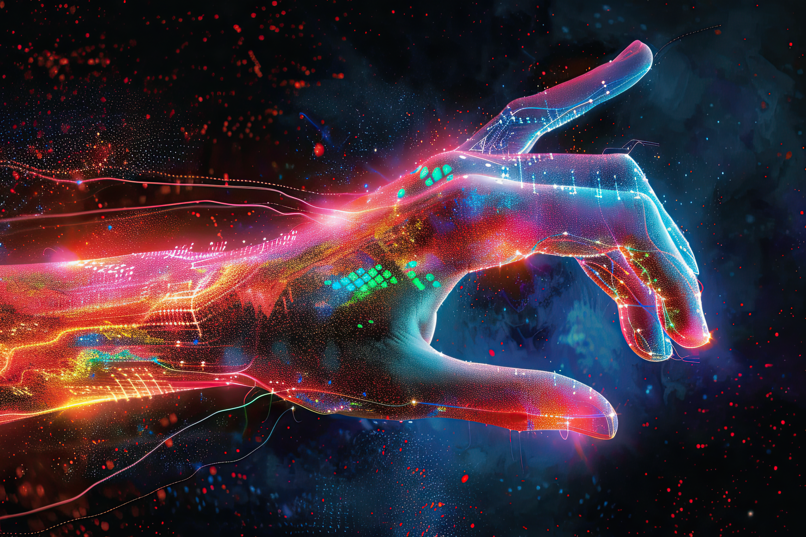 Colorful hologram hand on dark backgrounds, artificial arm, technology concept