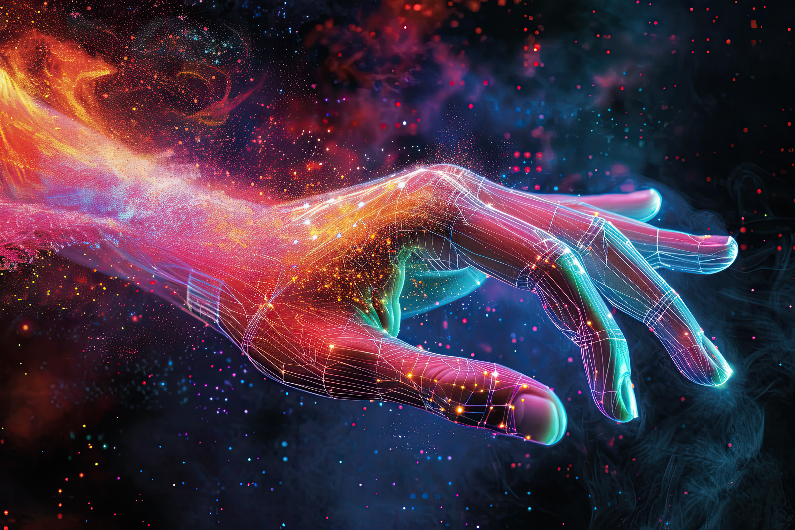 Colorful hologram hand on dark backgrounds, artificial arm, technology concept