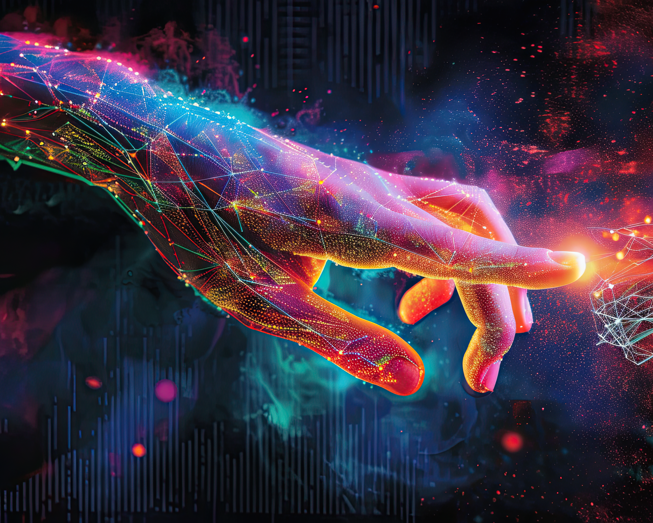 Colorful hologram hand on dark backgrounds, artificial arm, technology concept