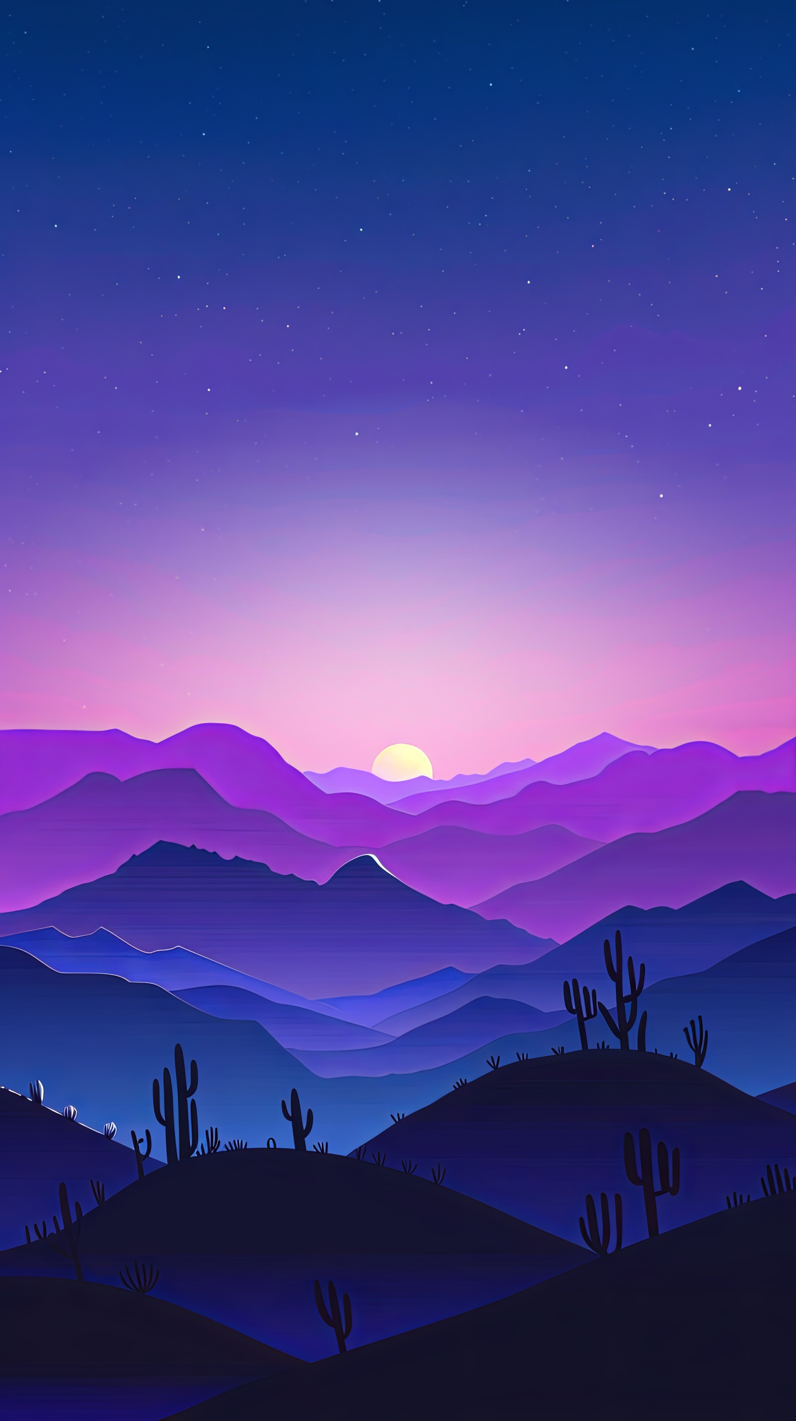 Desert landscape at night with cactus and hills