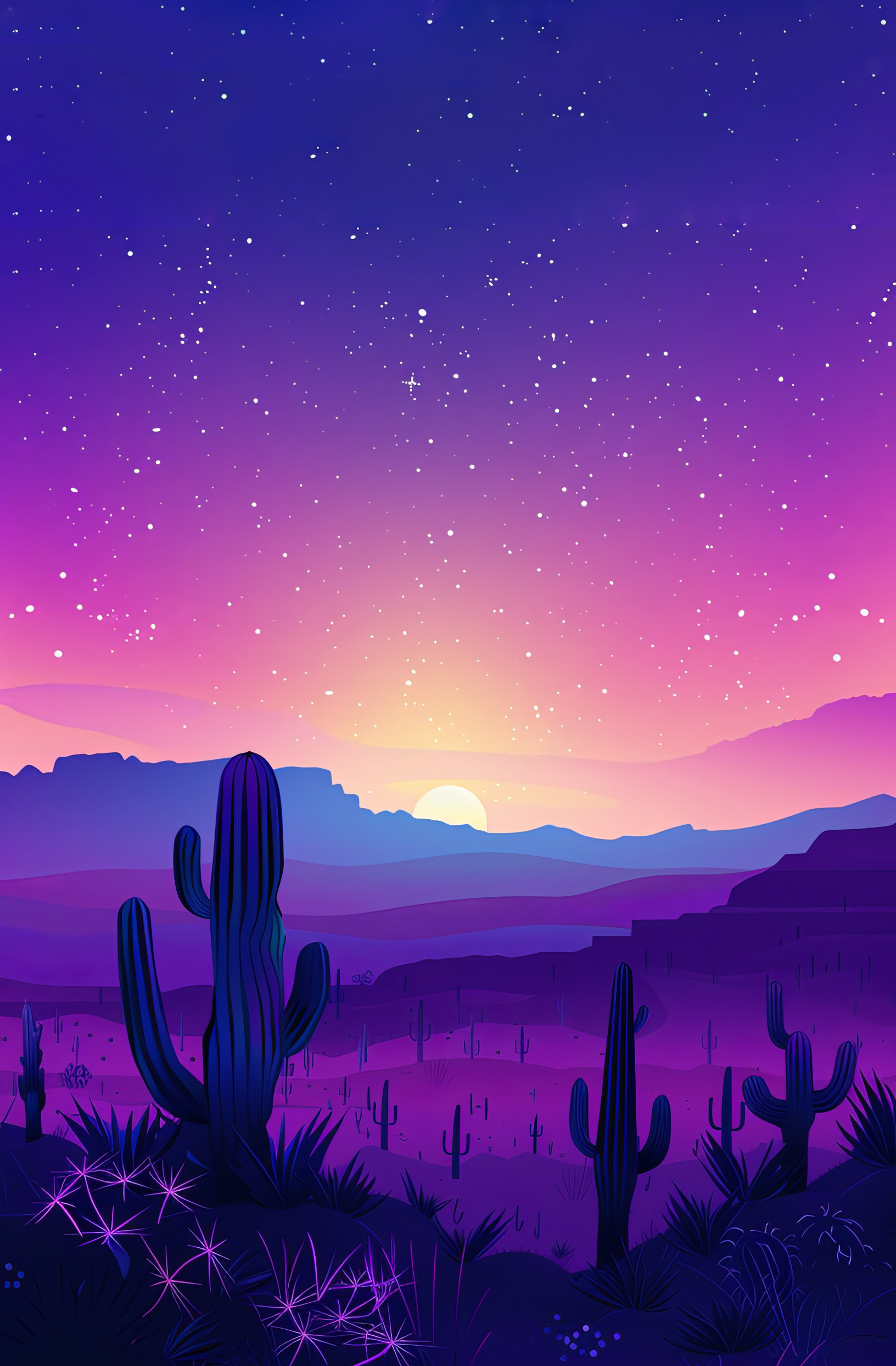 Desert landscape at night with cactus and hills