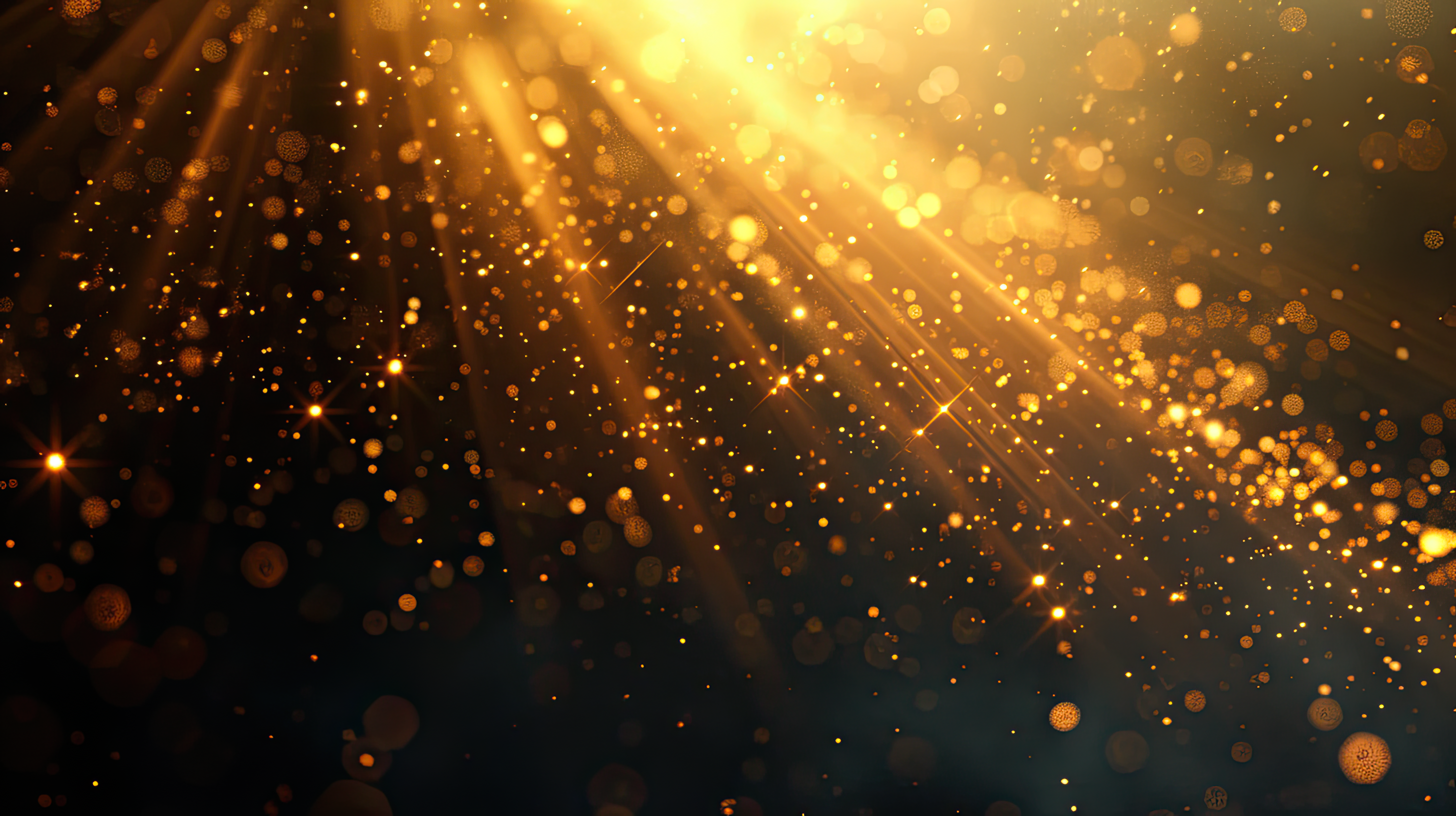 Golden particles are in air with depth of field and bokeh, Abstract background with particles in dark background