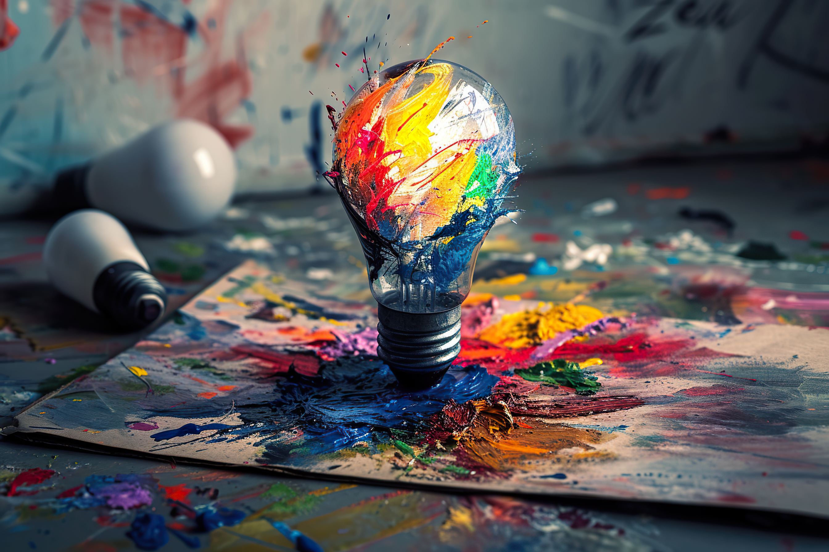 Light bulb with colorful paint and splashes