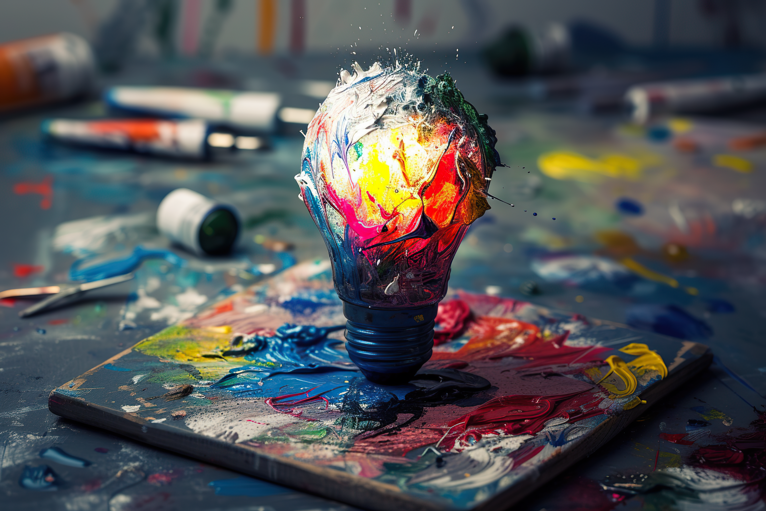 Light bulb with colorful paint and splashes