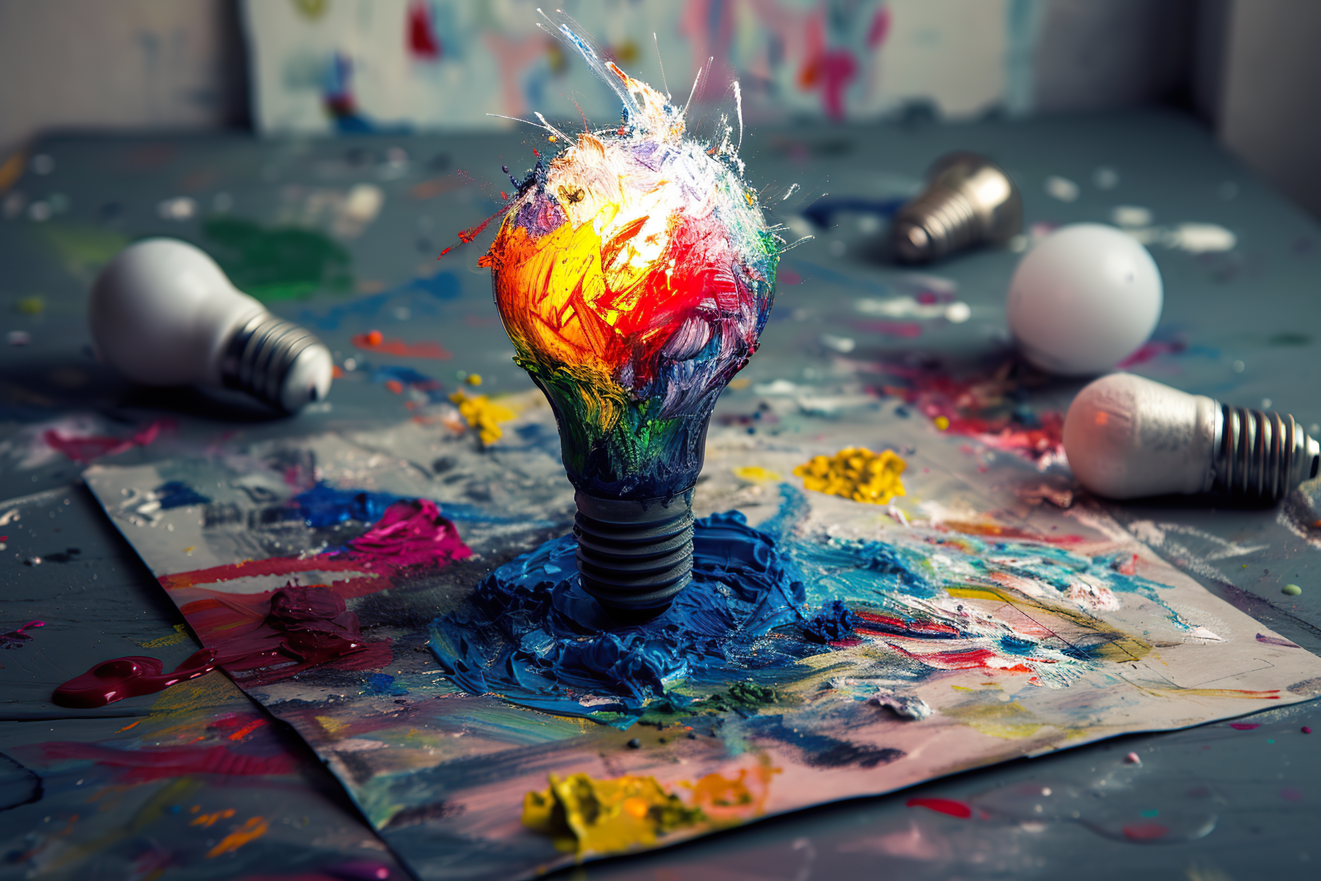 Light bulb with colorful paint and splashes