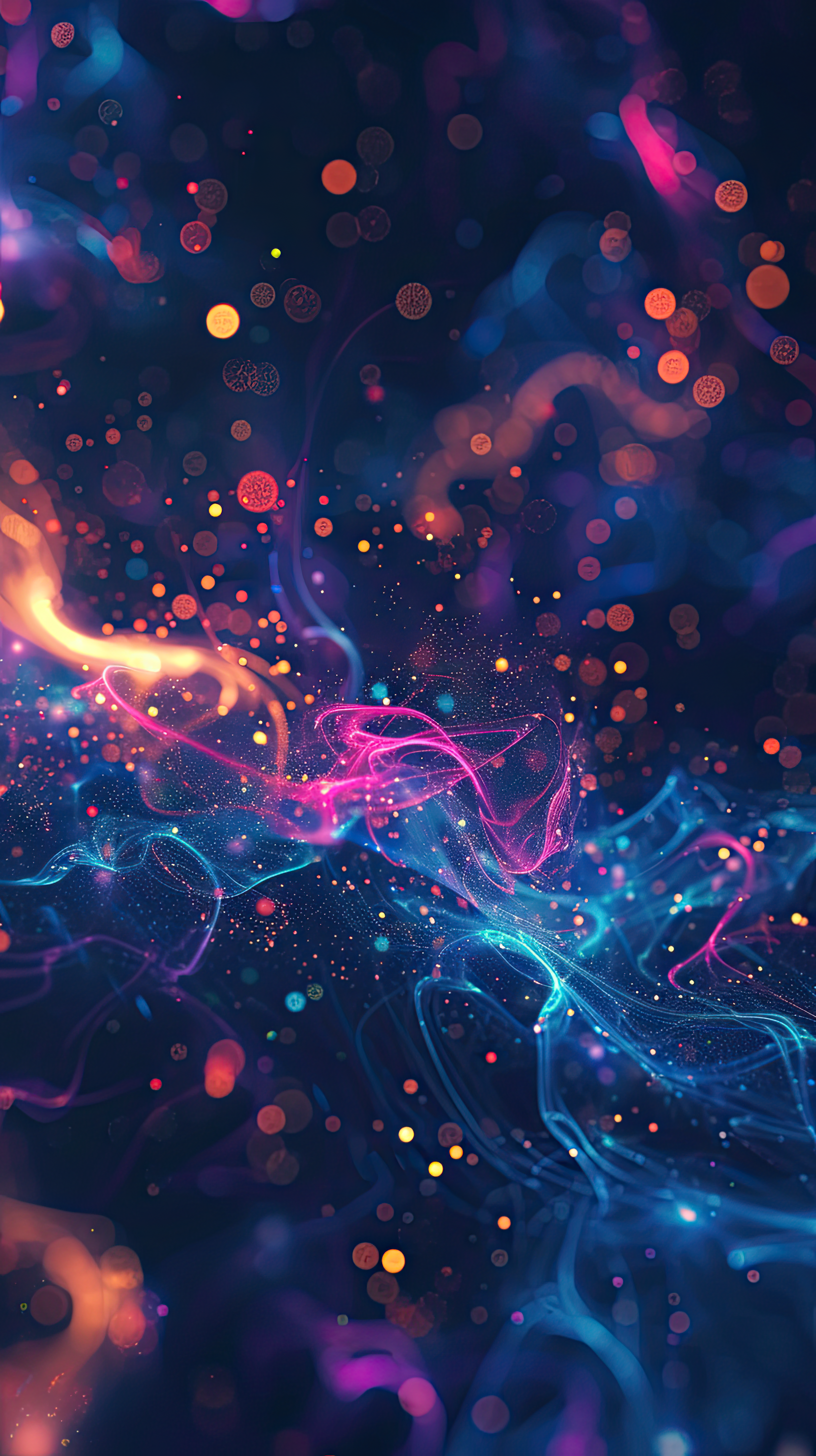 Multicolored particles are in air with depth of field and bokeh, Abstract background with particles in dark background