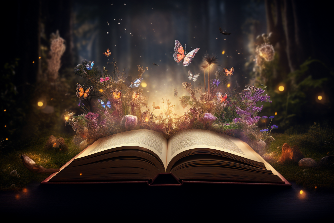 Open book with fairytales and magical world on wooden table