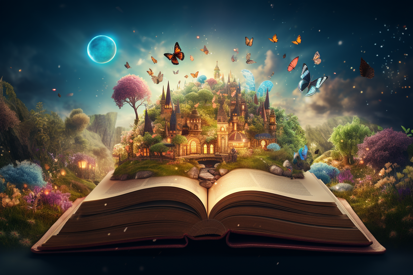 Open book with fairytales and magical world on wooden table