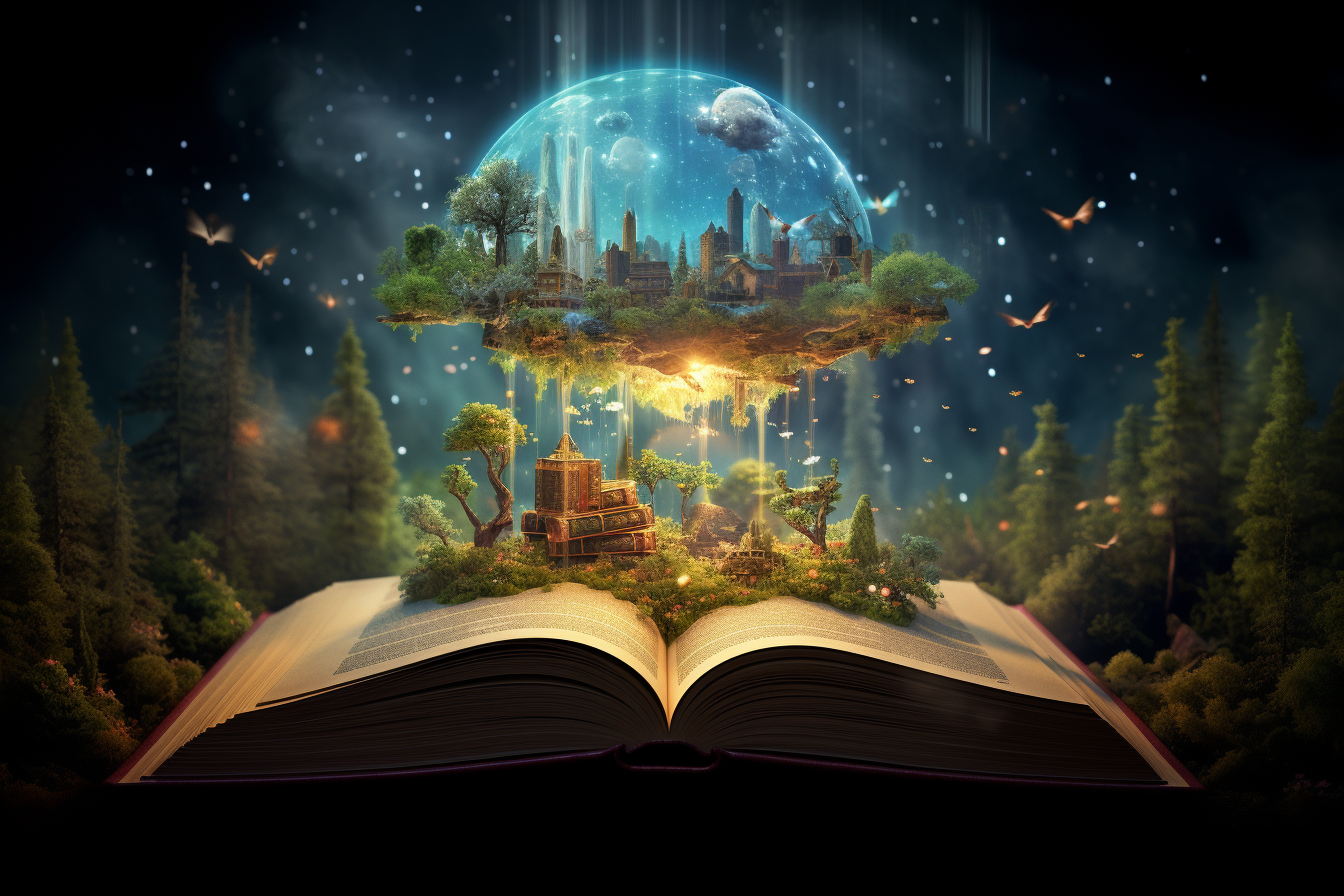 Open book with fairytales and magical world on wooden table