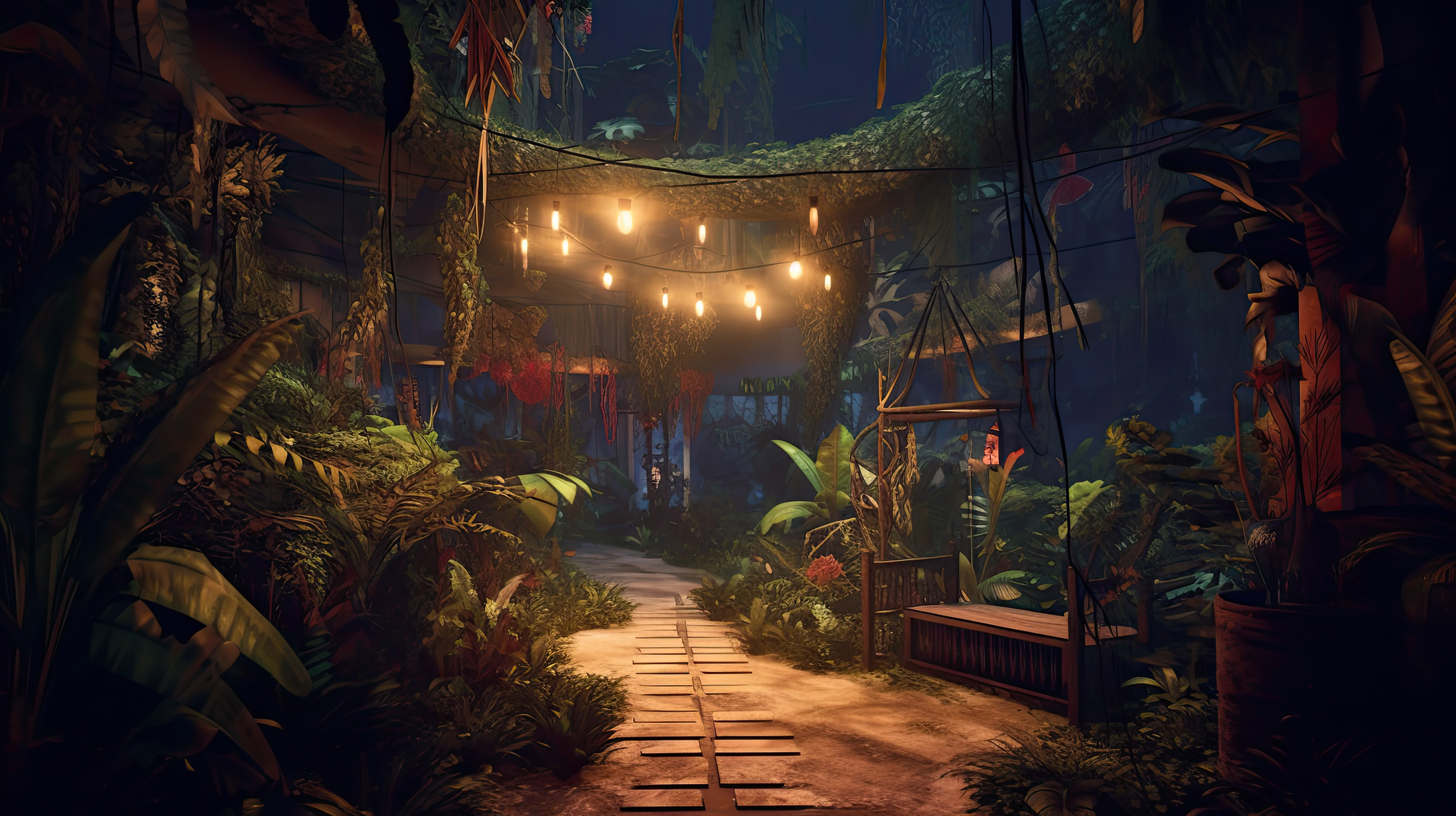 Path through a dense tropical jungle, with lights over the path