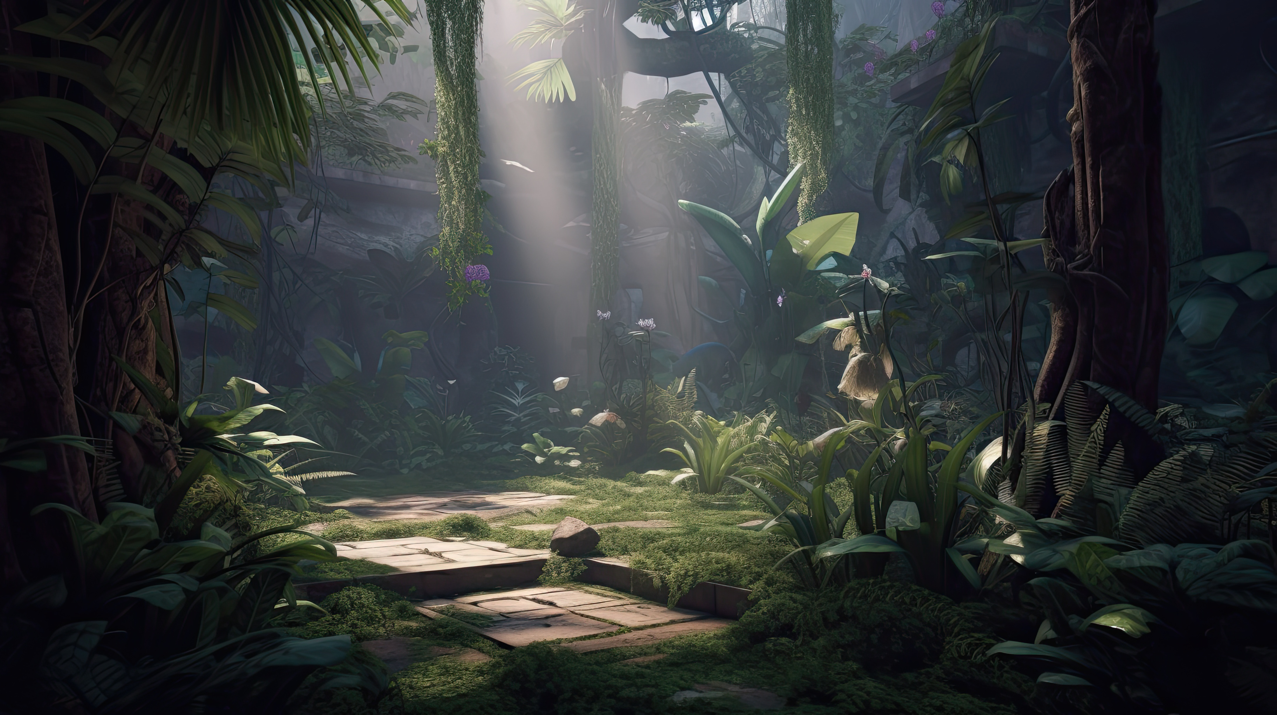 Path through a dense tropical jungle, with sunlight filtering through the trees