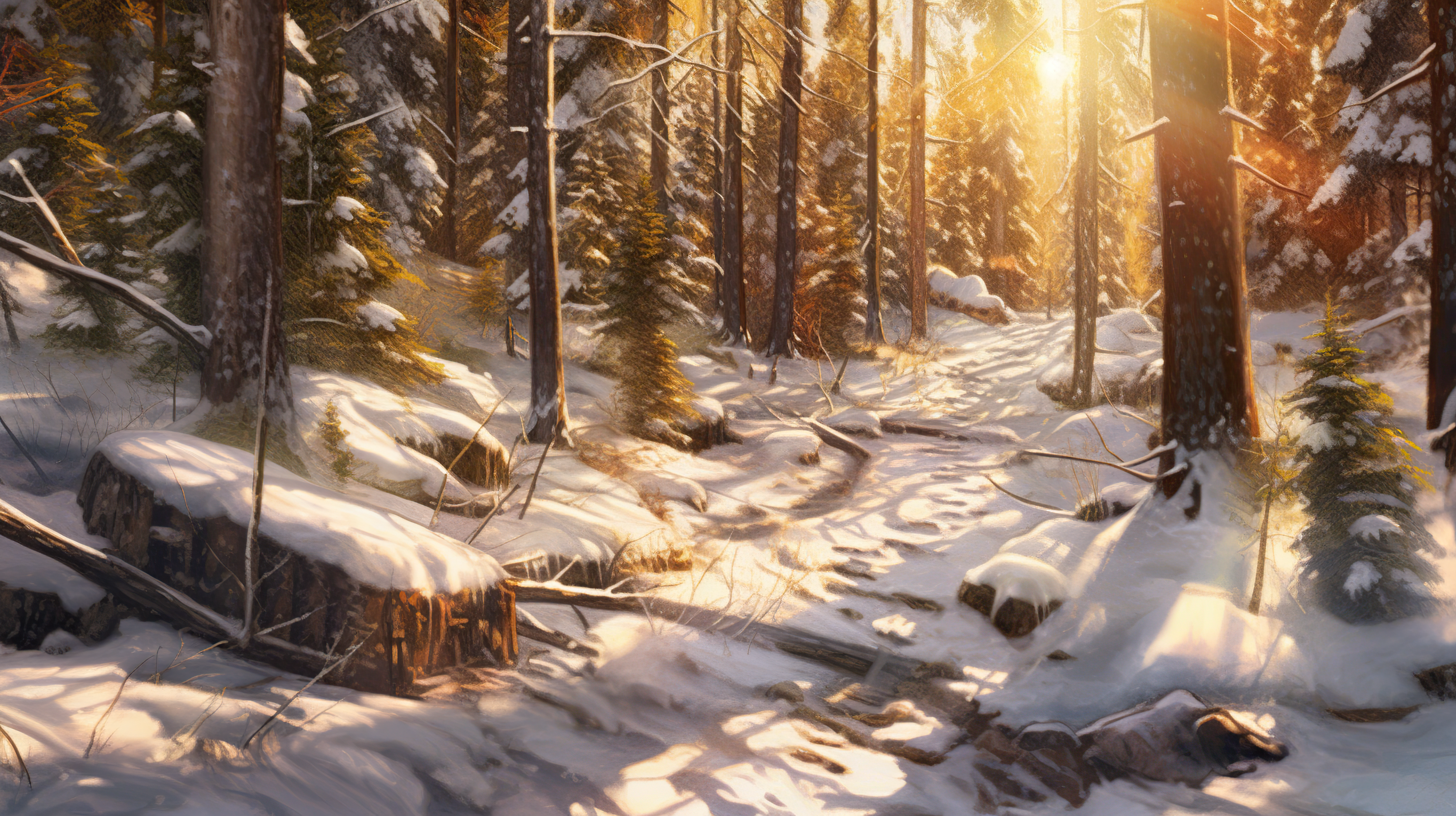 sunny path through a snowy forest