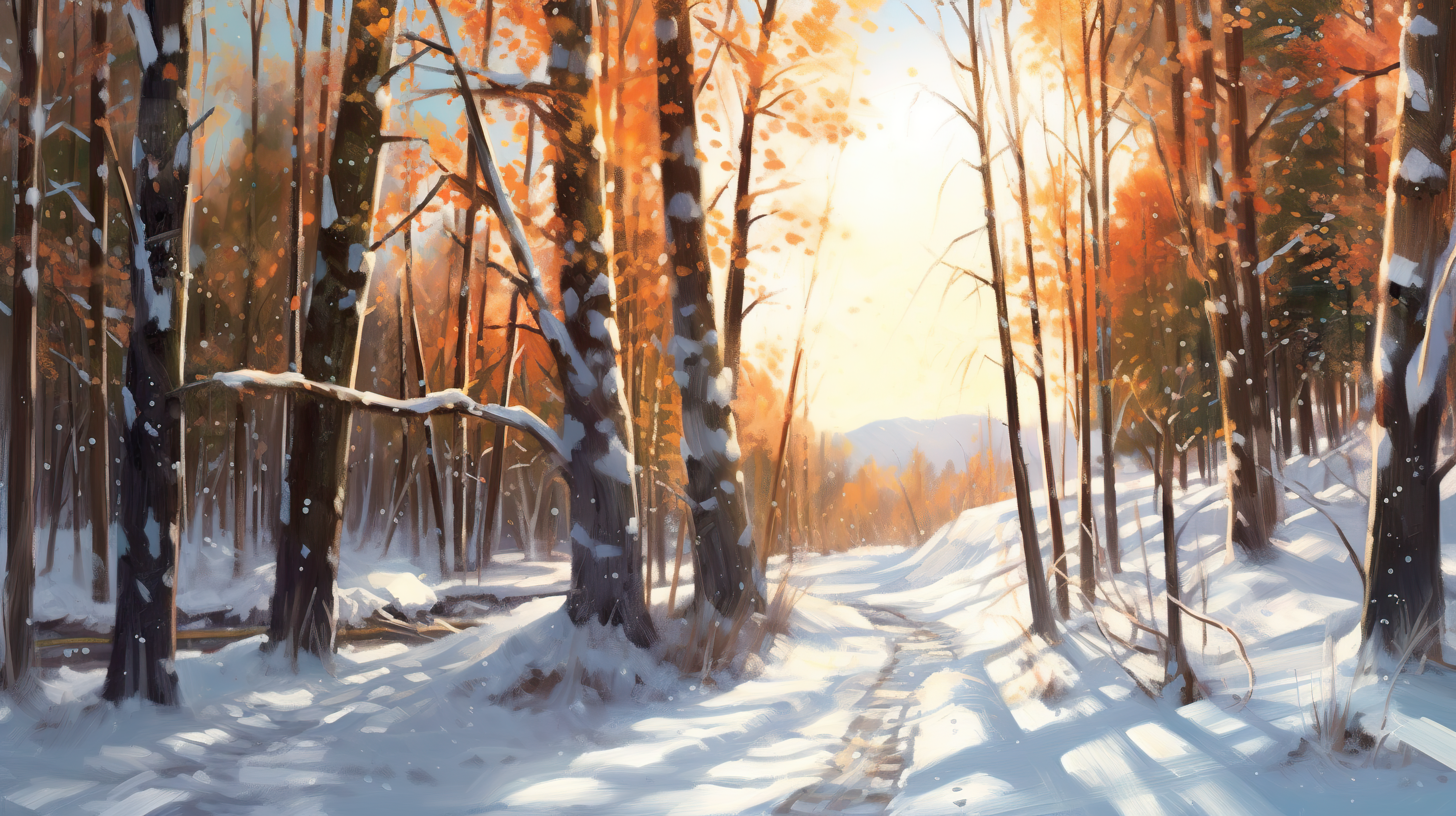 sunny path through a snowy forest