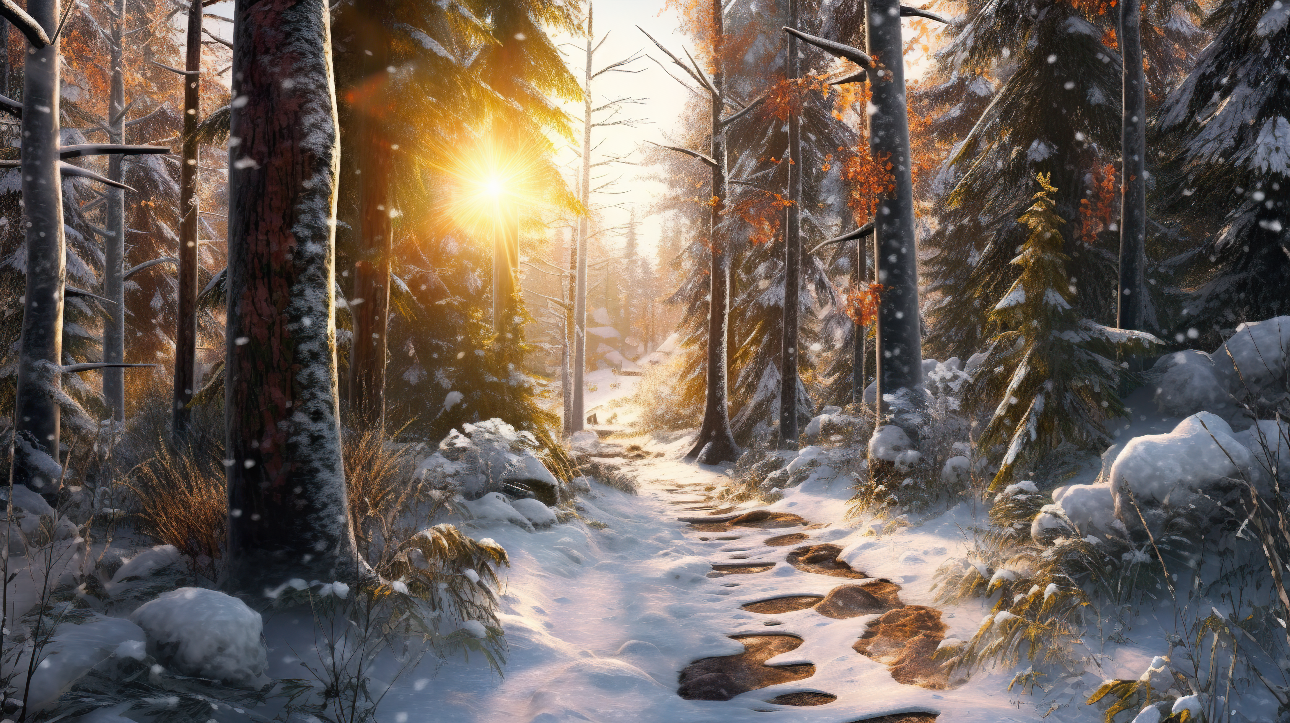 sunny path through a snowy forest