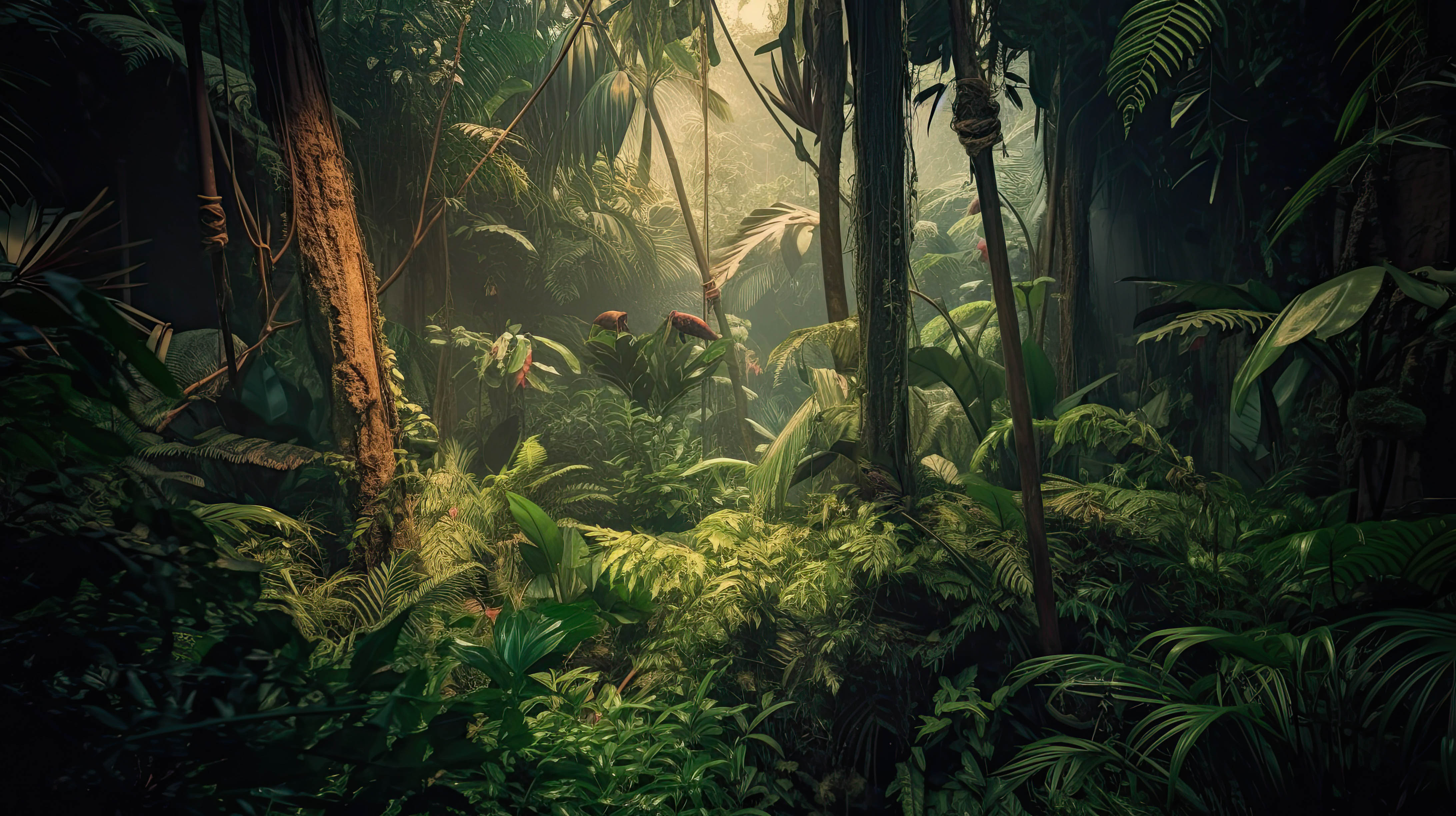 Tropical jungle, with sunlight filtering through the trees