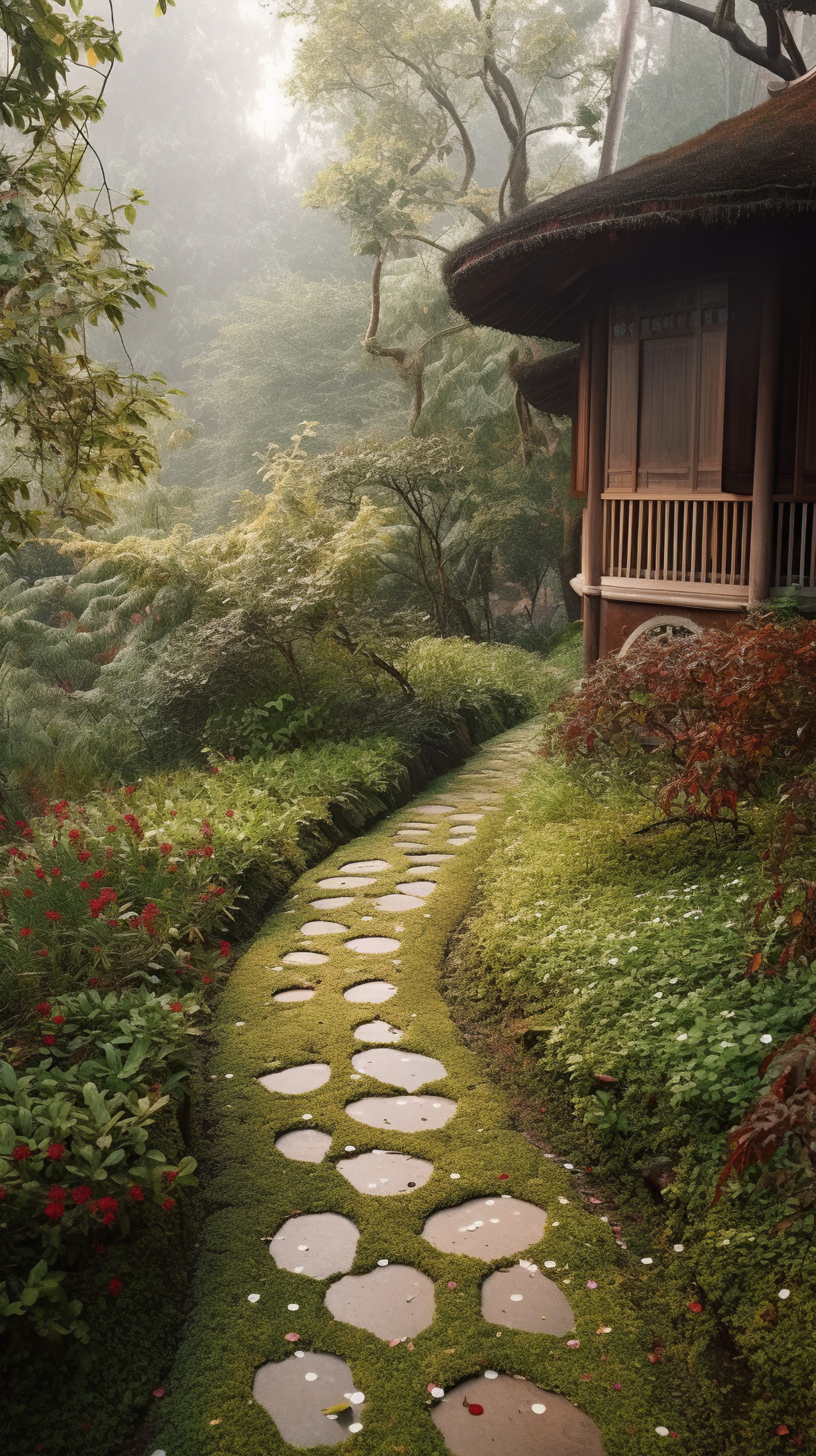 A Peaceful Path to a Wooden House in a Lush Garden, AI generative