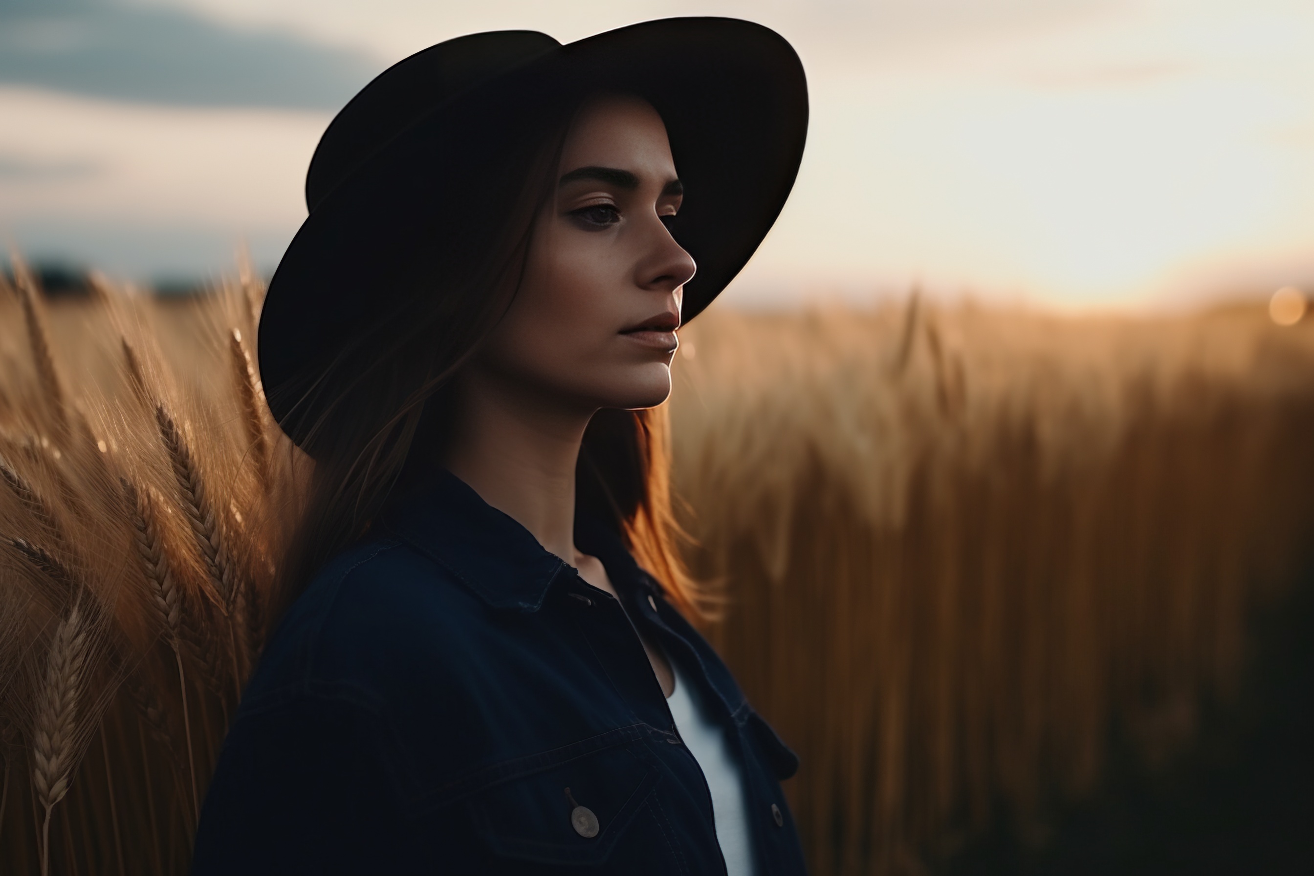 A beautiful woman in a black hat stands in a field of wheat at sunset, AI generative