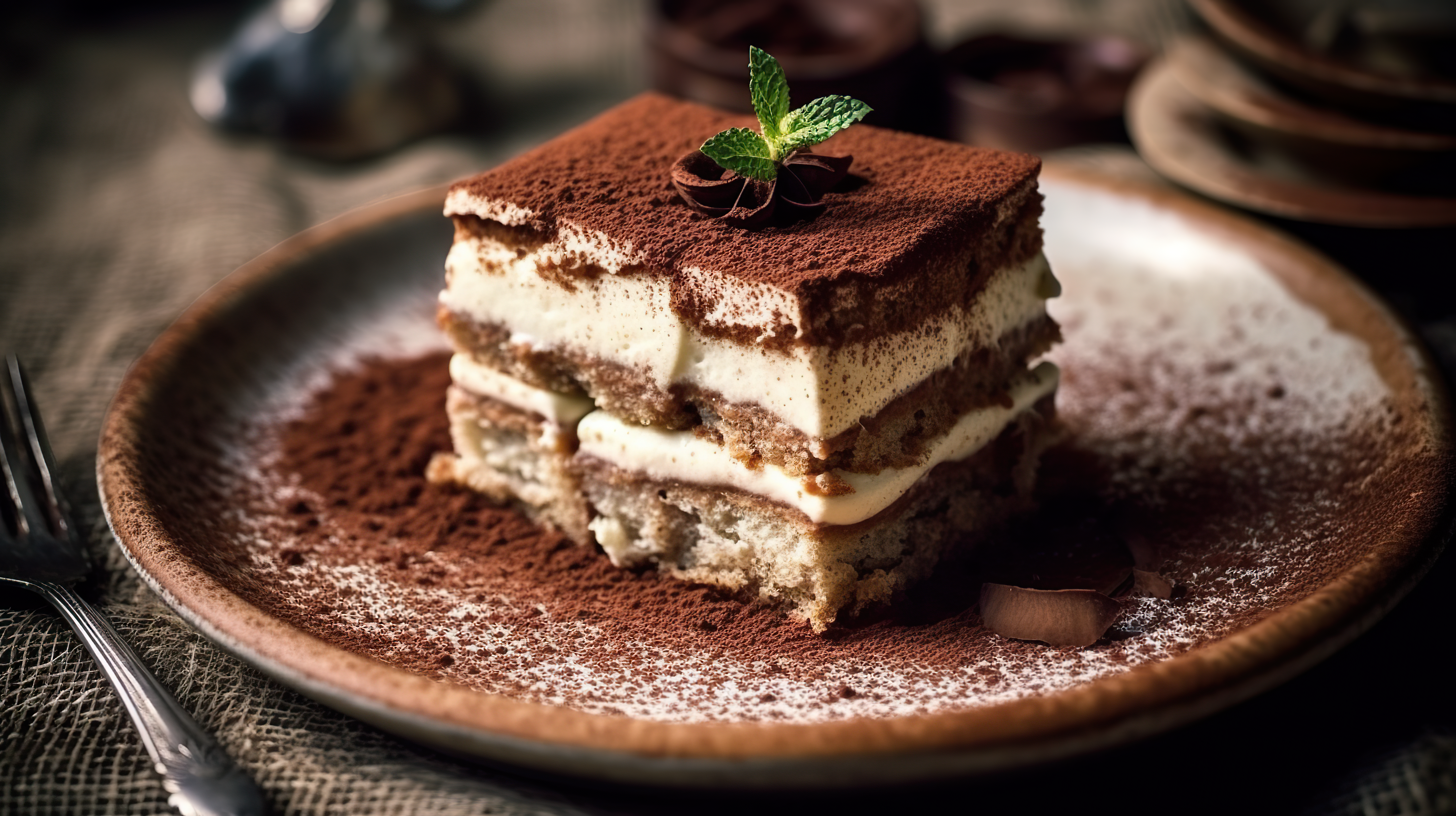 A closeup shot of a layered tiramisu cake with creamy mascarpone and dusted cocoa