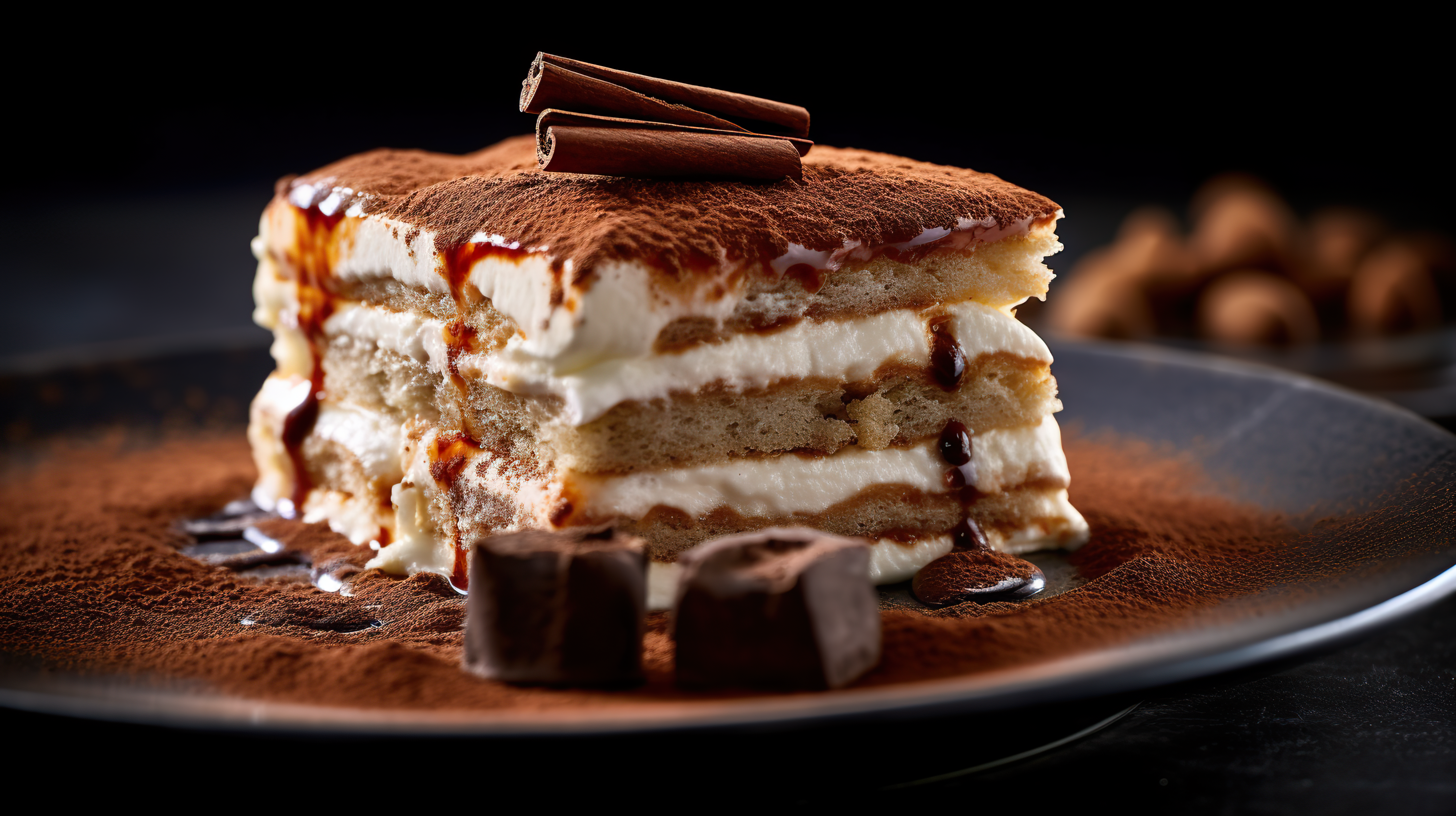 A closeup shot of a layered tiramisu cake with creamy mascarpone and dusted cocoa