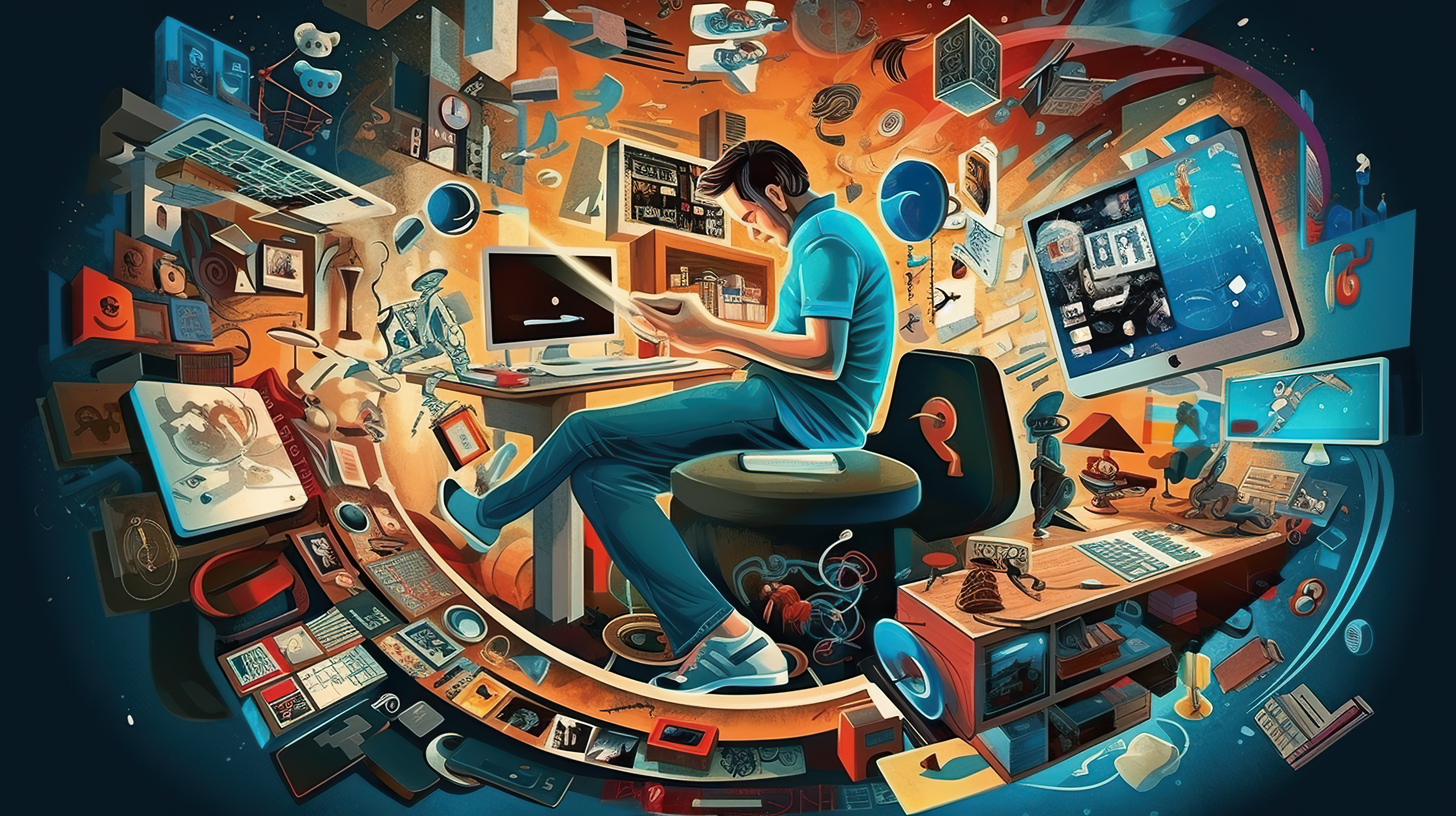 A man surrounded by technology, smart phone, computer, tablet, laptop,
