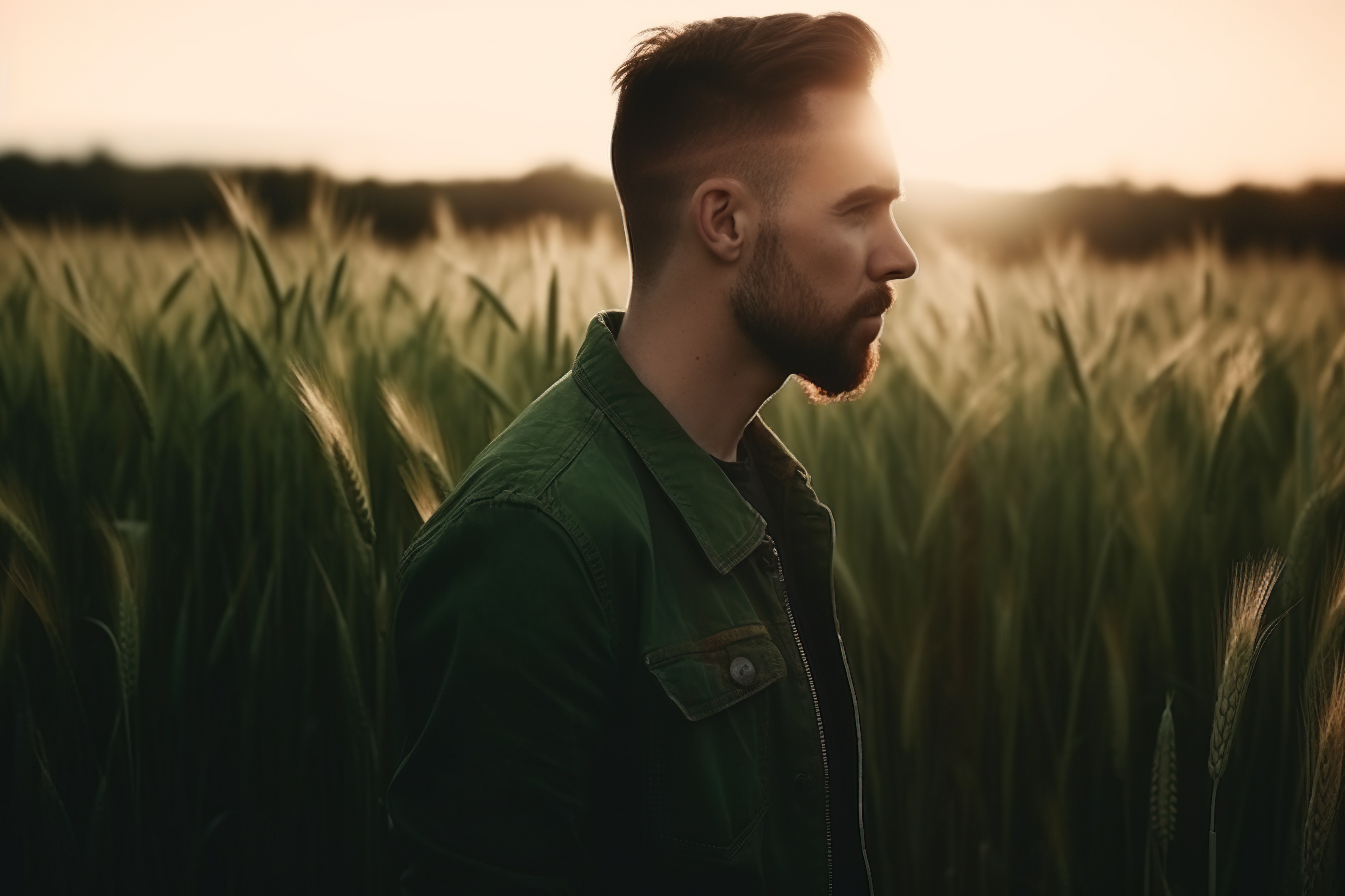 A men stands in a field of green wheat at sunset, AI generative