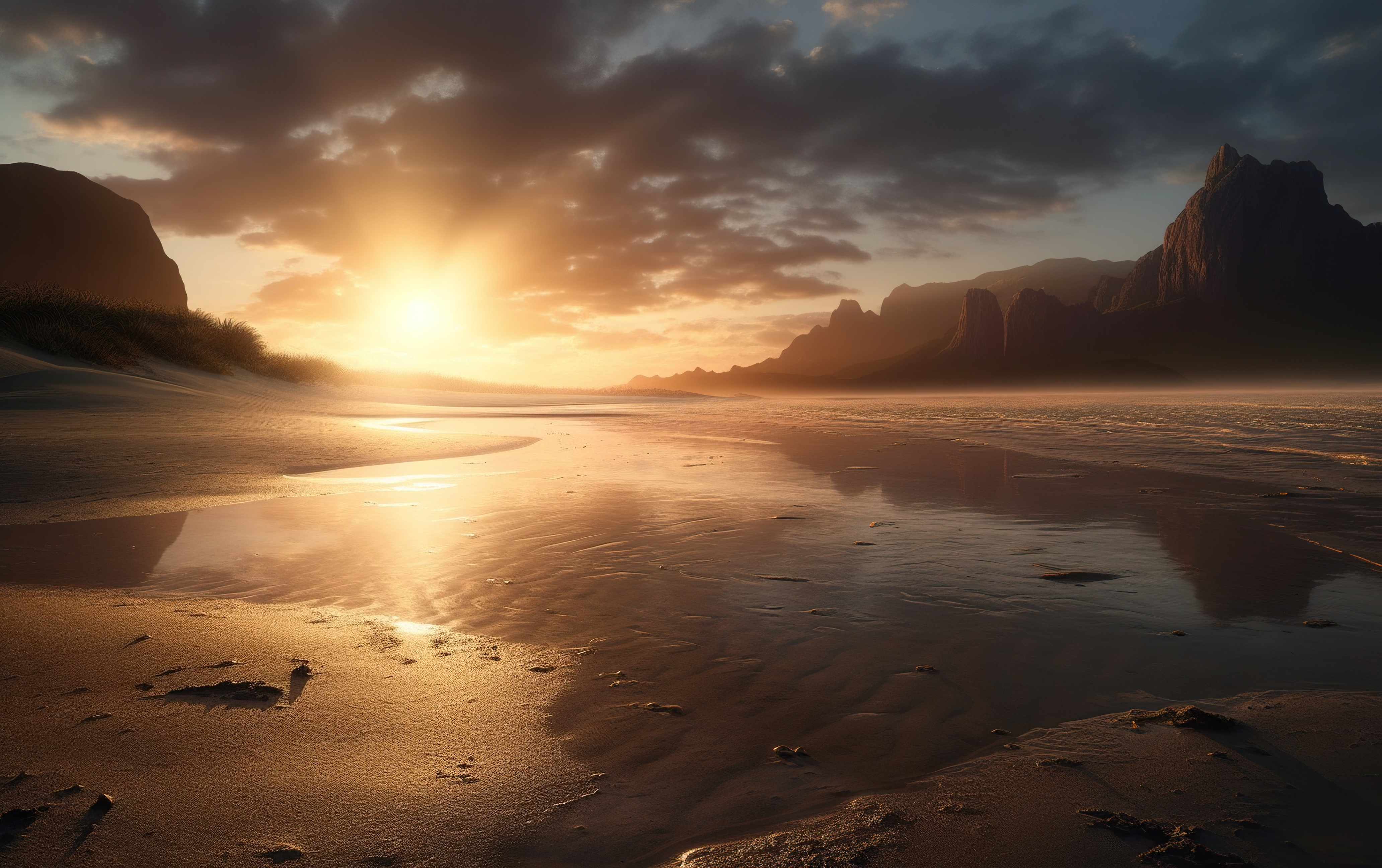 A wet beach at sunrise with mountains in the background