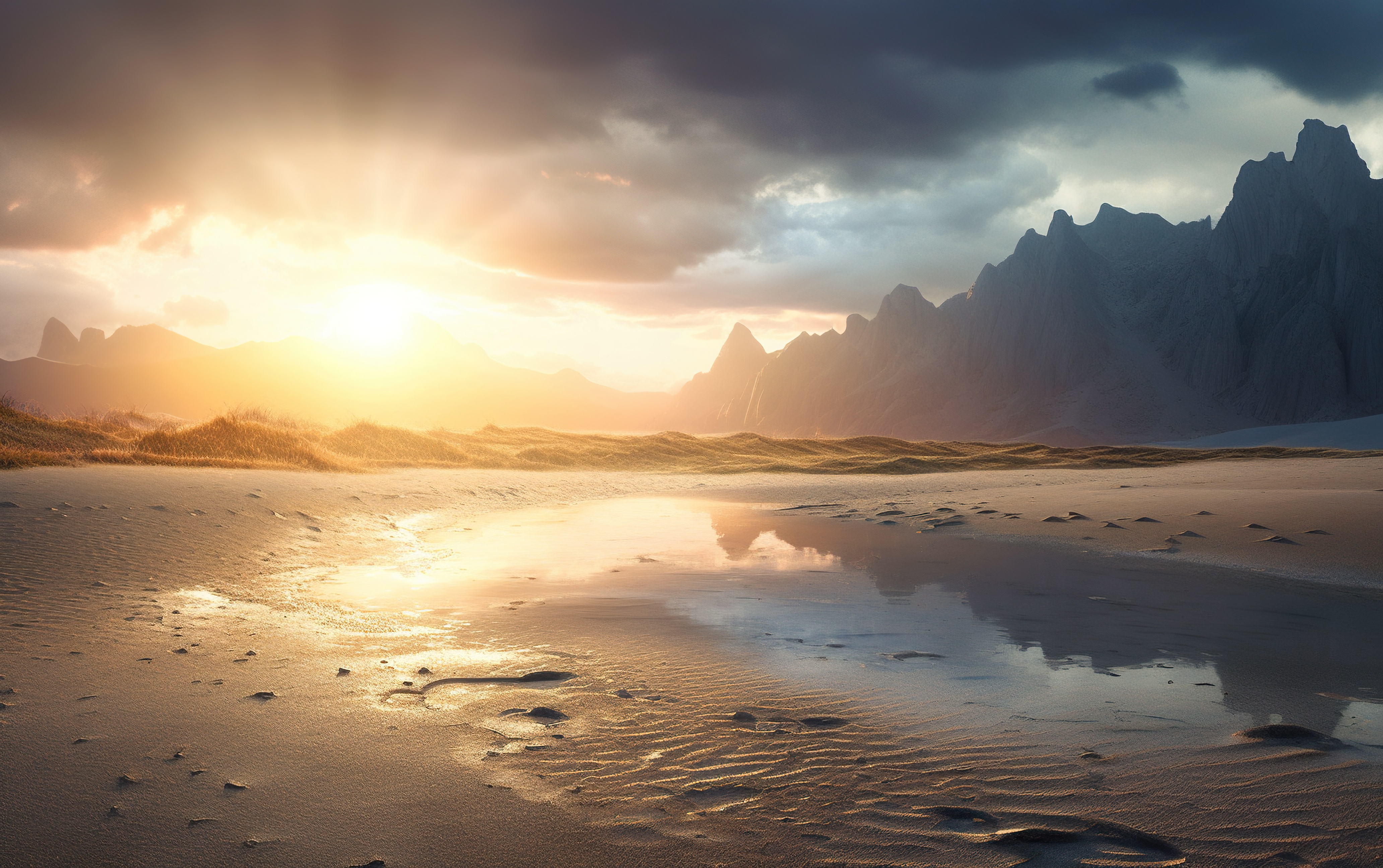 A wet beach at sunrise with mountains in the background