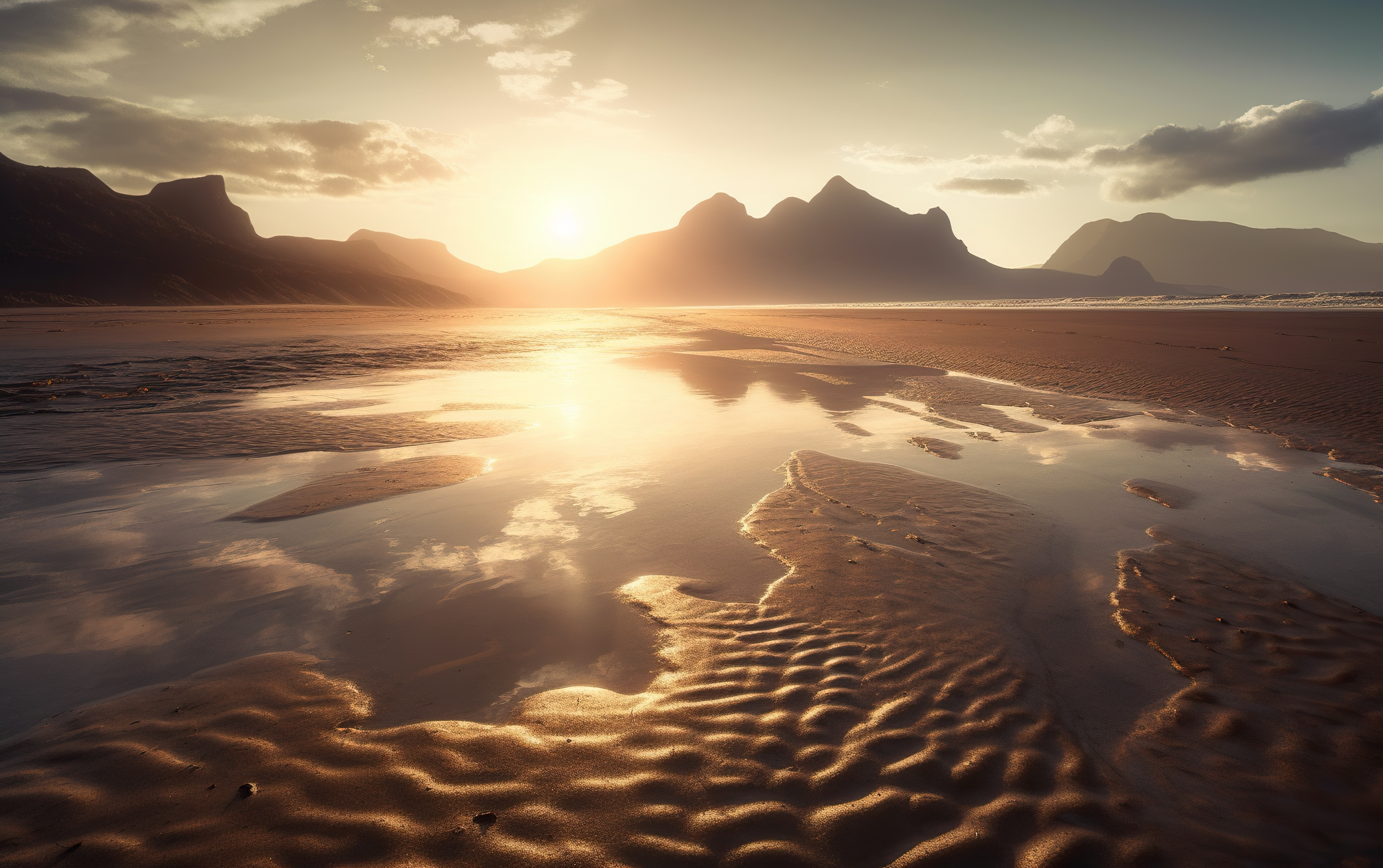A wet beach at sunrise with mountains in the background