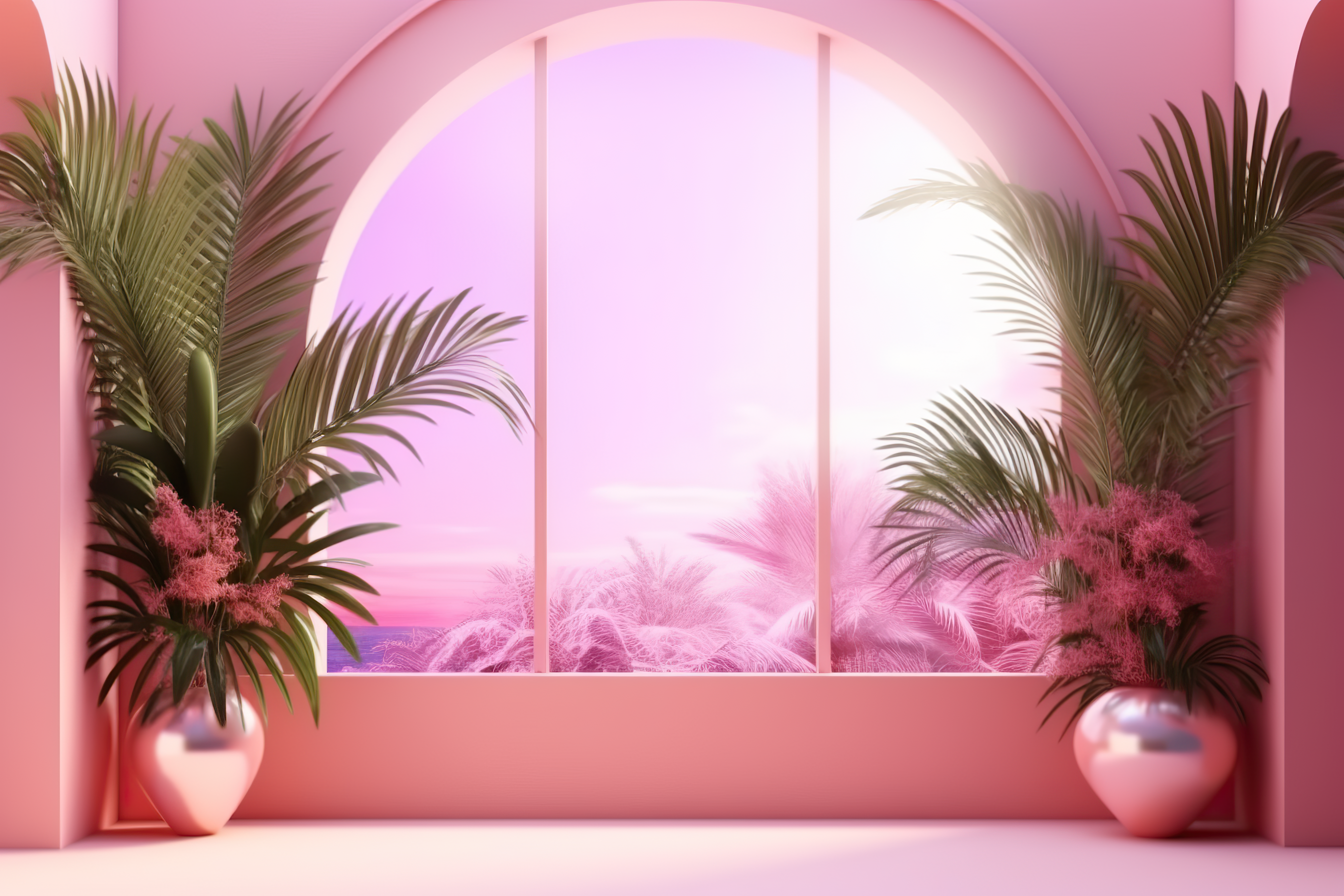 Abstract pink color gradient studio background for product presentation. Empty room with shadows of window and flowers and palm leaves