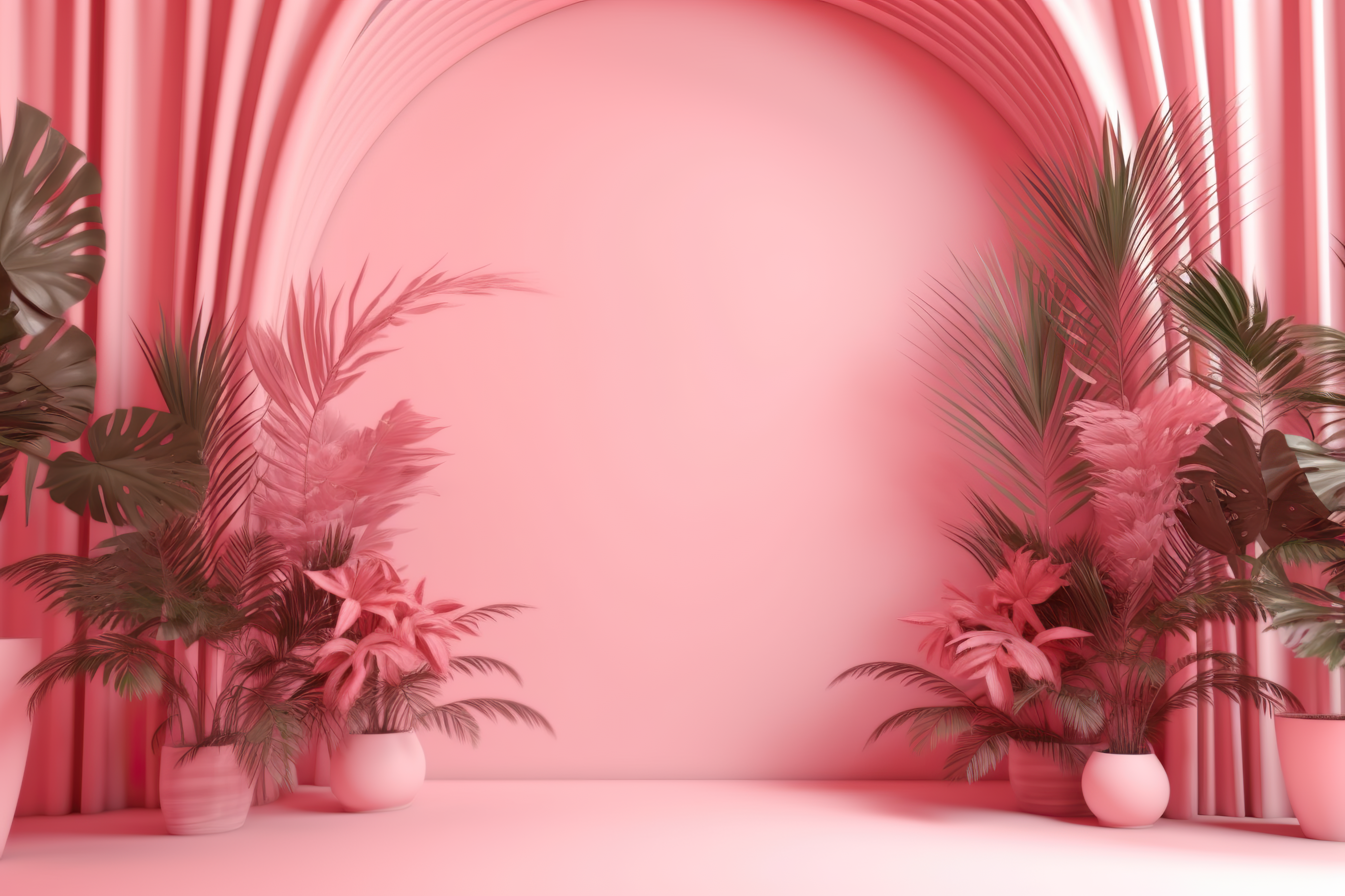 Abstract pink color gradient studio background for product presentation. Empty room with shadows of window and flowers and palm leaves