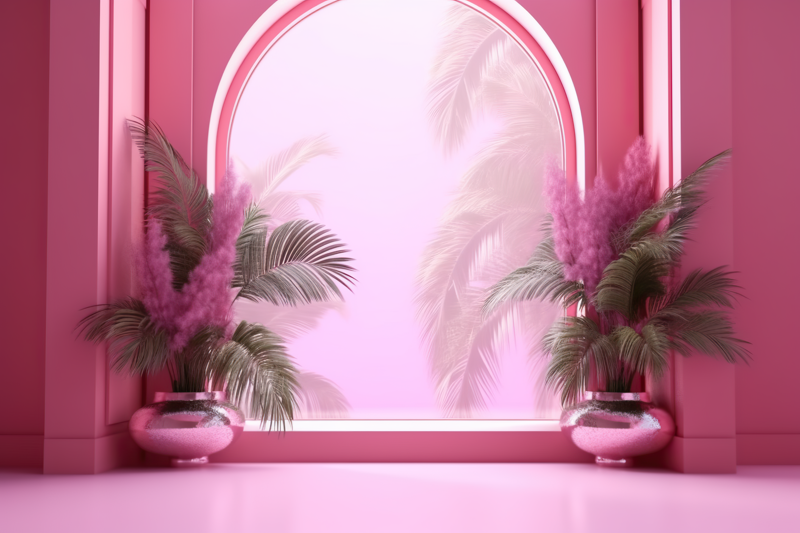 Abstract pink color gradient studio background for product presentation. Empty room with shadows of window and flowers and palm leaves