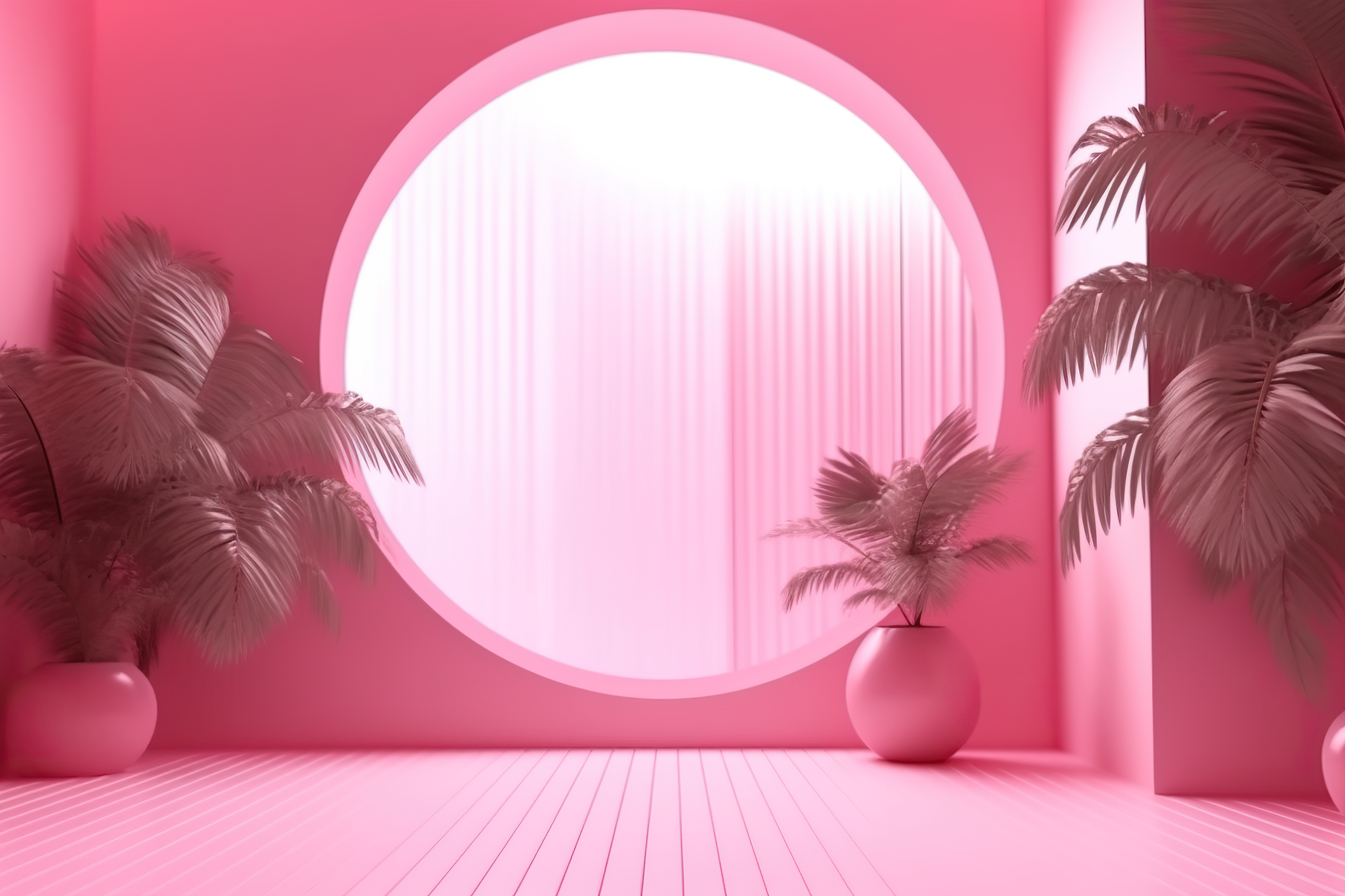 Abstract pink color gradient studio background for product presentation. Empty room with shadows of window and flowers and palm leaves