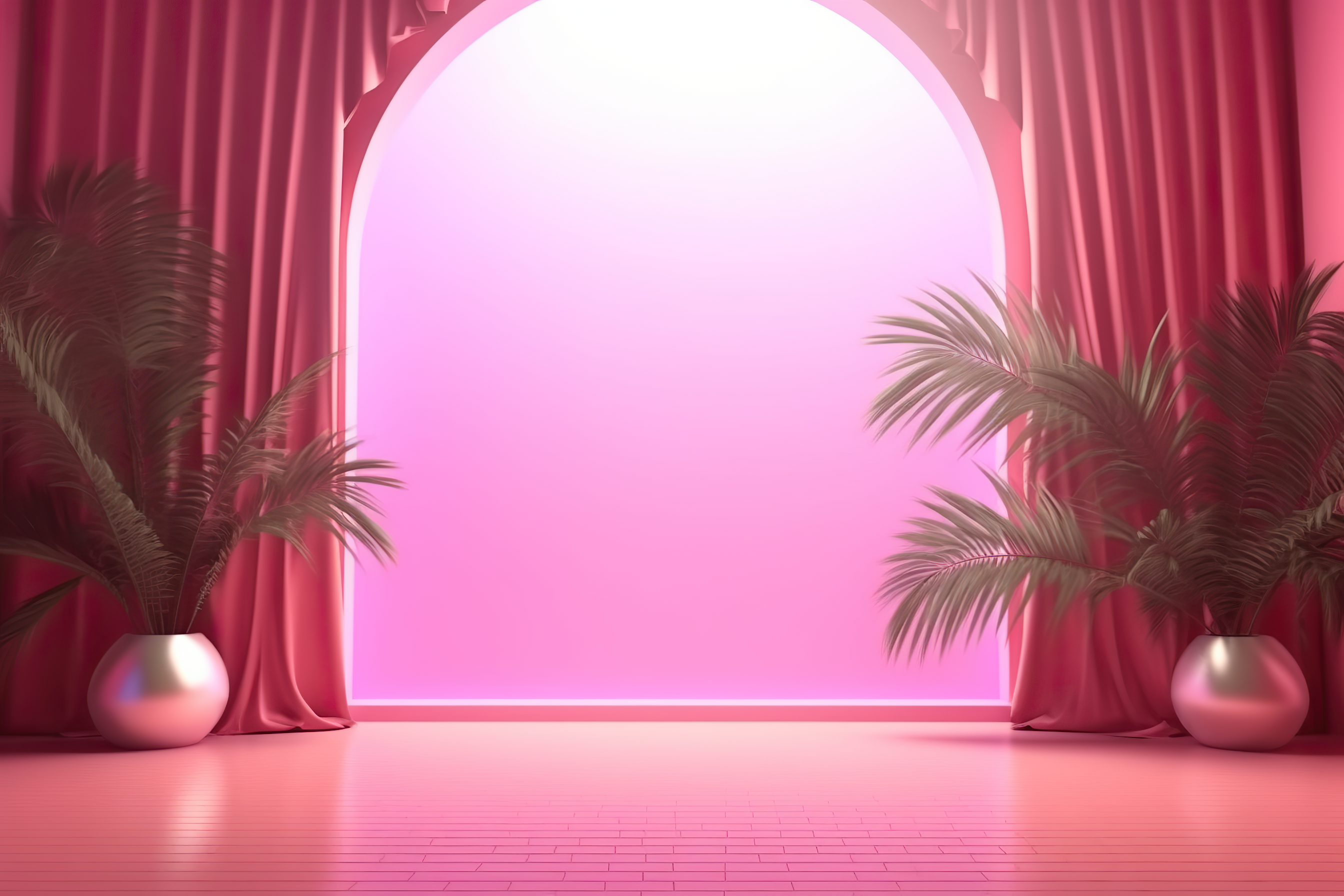 Abstract pink color gradient studio background for product presentation. Empty room with shadows of window and flowers and palm leaves