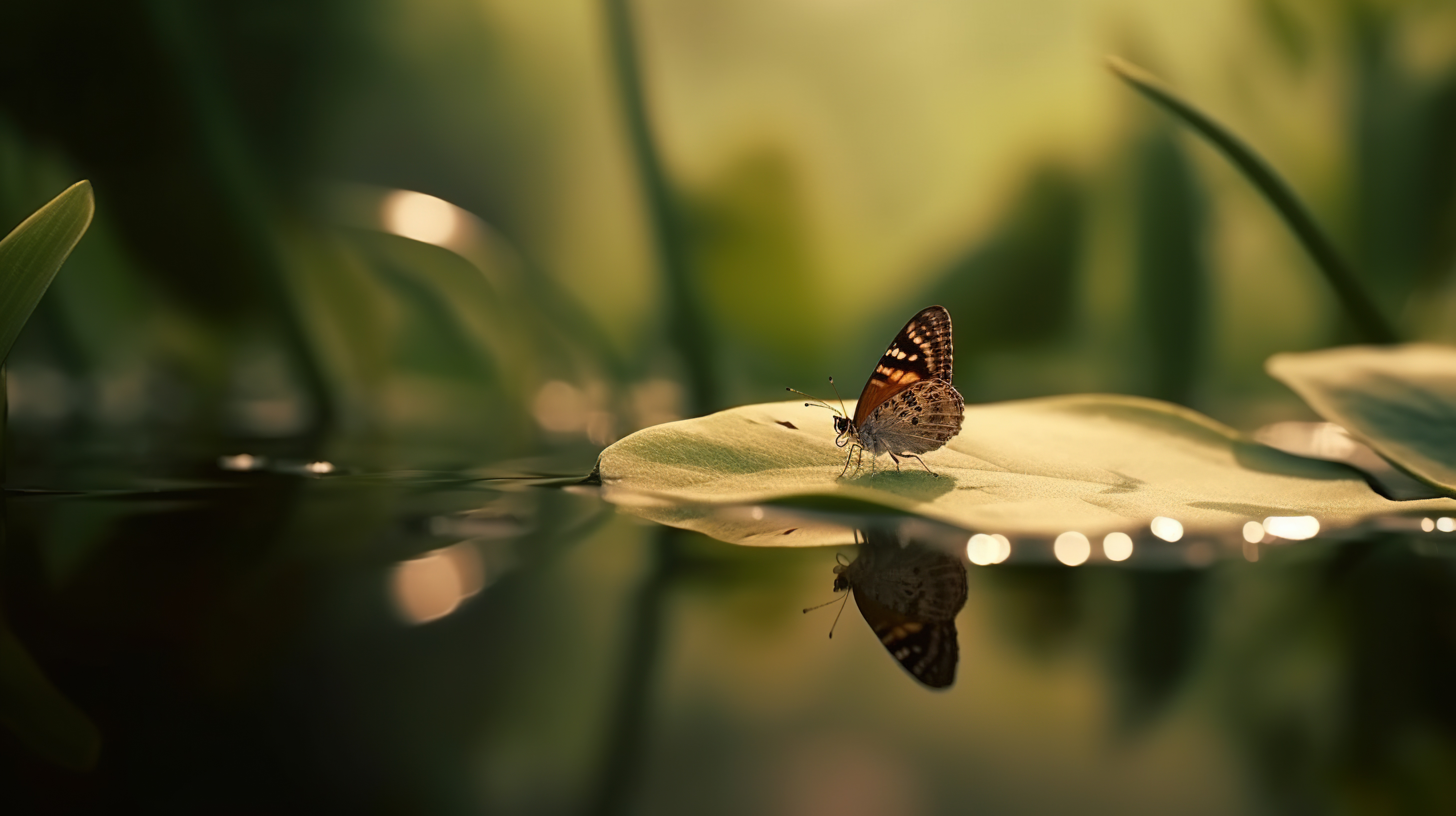 Beautiful Butterfly Perched on Lily Pad in Lush Green Forest, Nature Background, AI generative