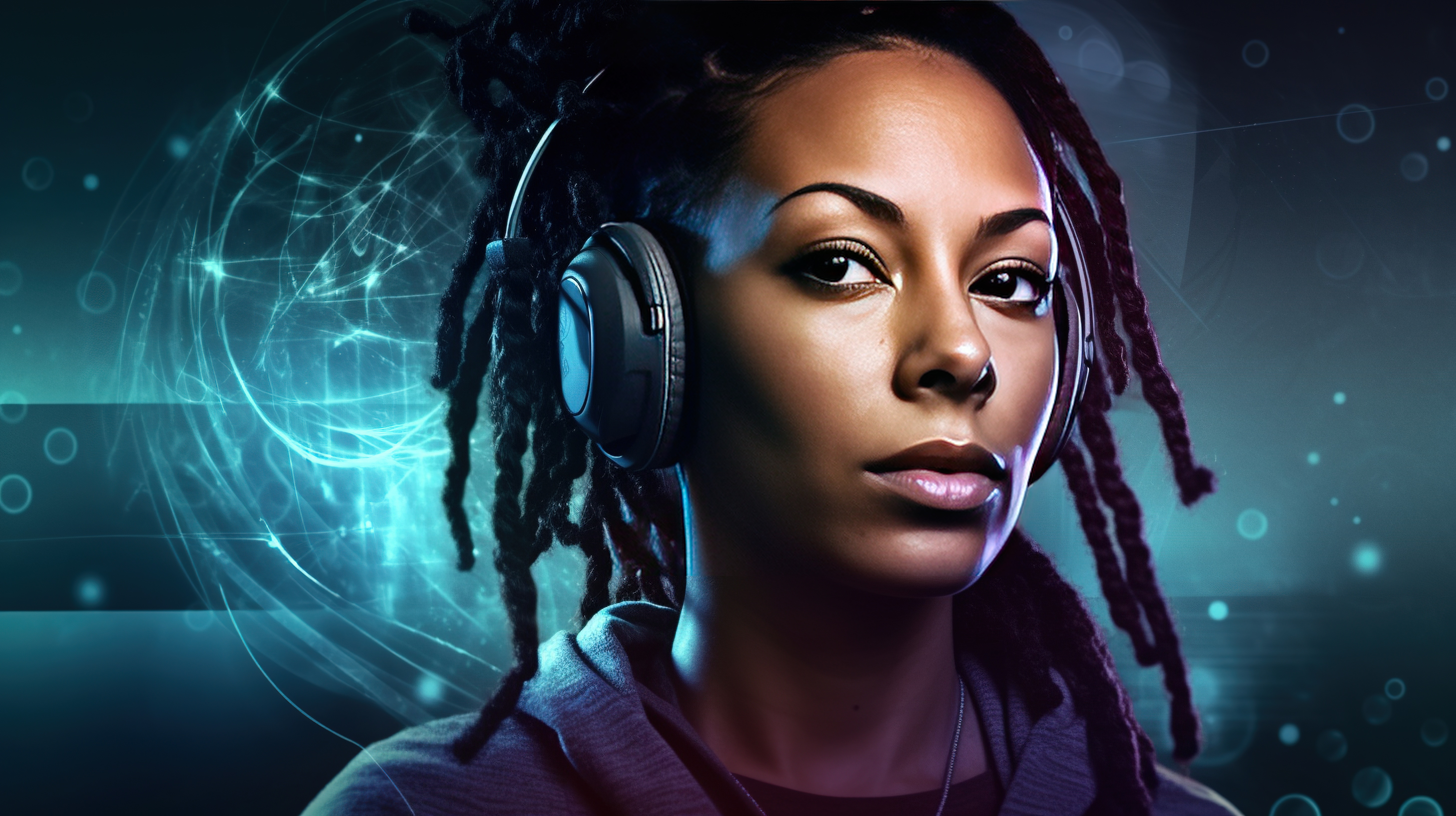Black woman with headphones listening music,  futuristic lights and particles background, ai generative