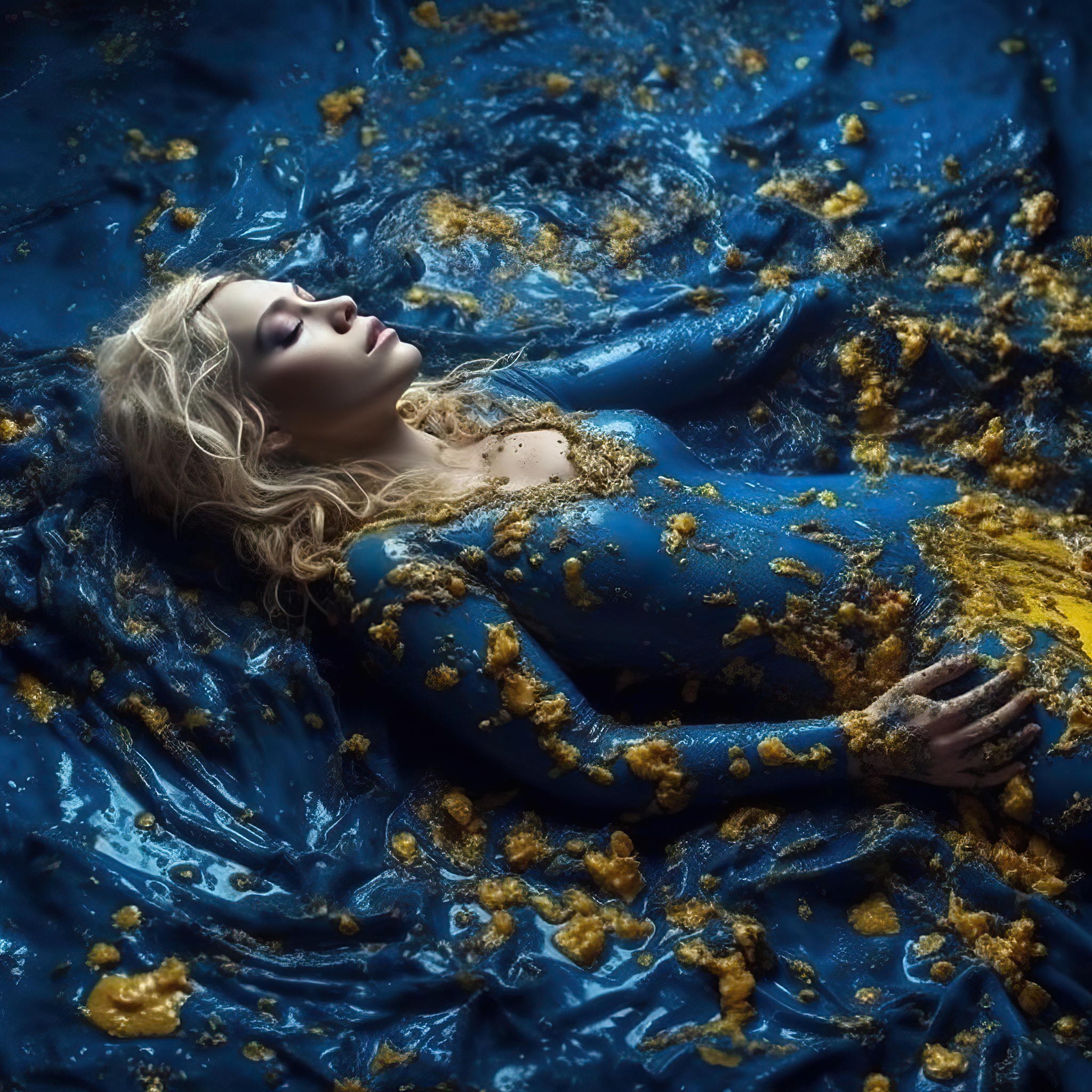 Blonde Woman Lying on Blue Surface Covered in Blue and Gold Paint, AI generative