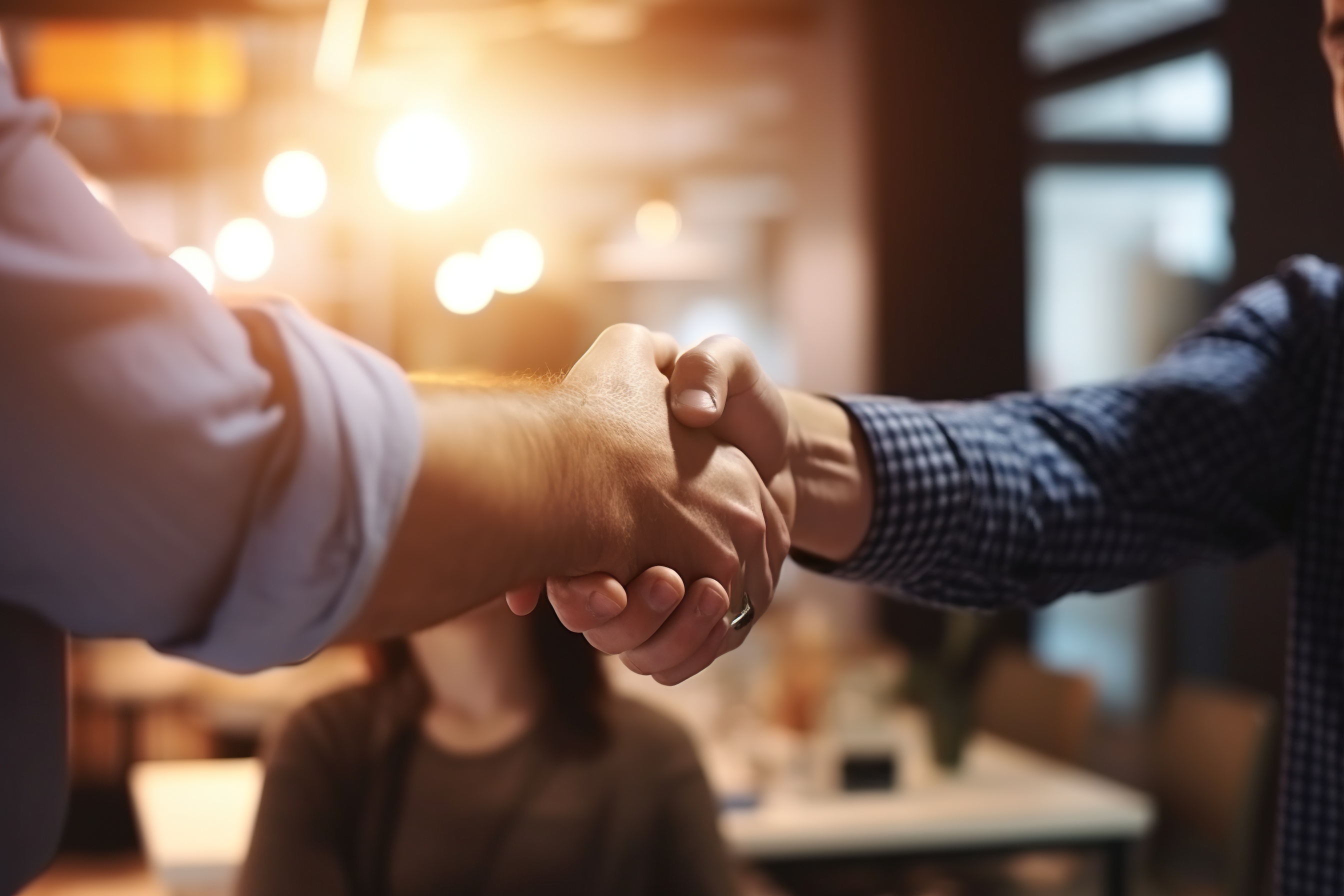 Close-up shot of hand shake, business shaking hands, finishing up meeting. Successful businessmen handshaking after meeting