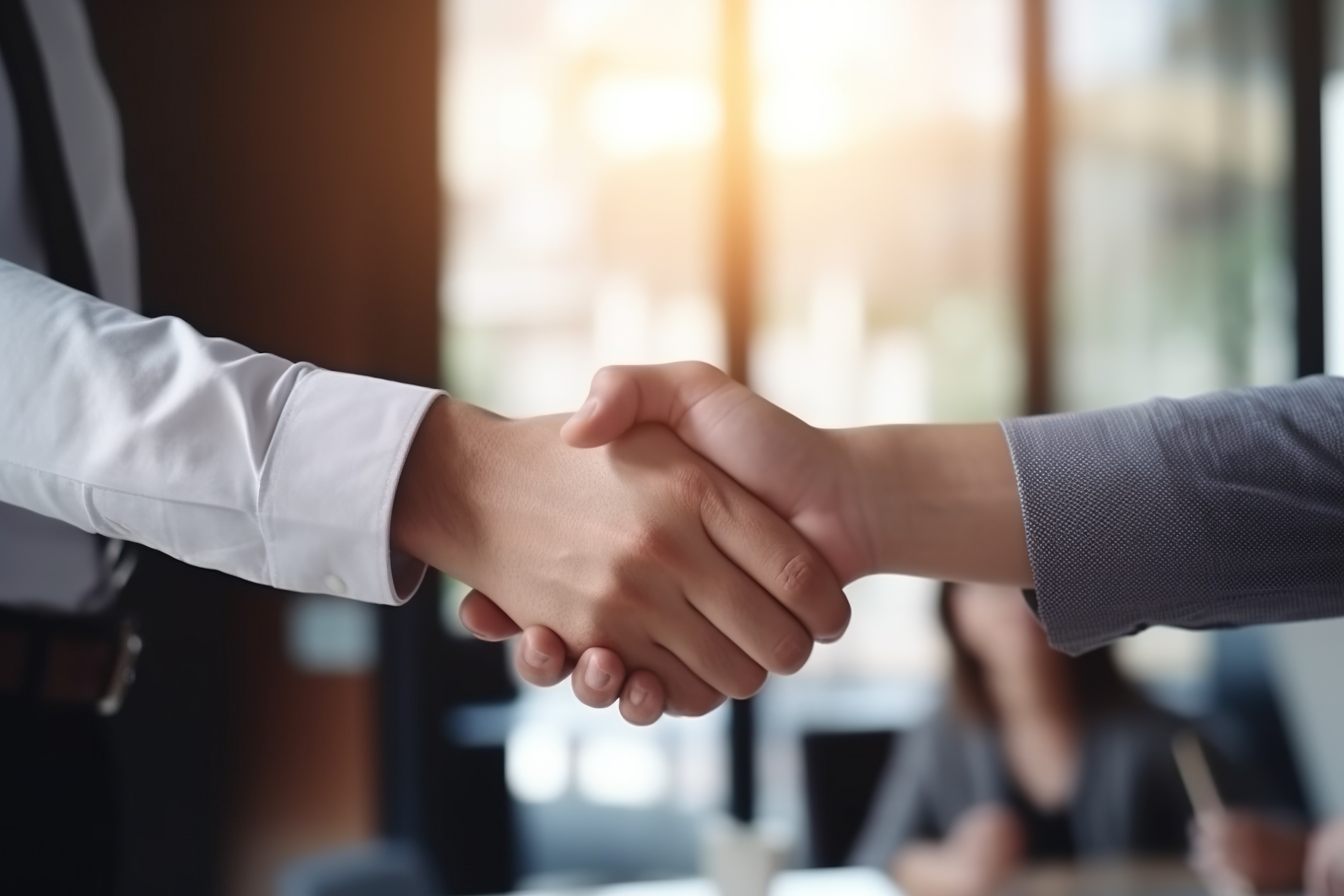 Close-up shot of hand shake, business shaking hands, finishing up meeting. Successful businessmen handshaking after meeting