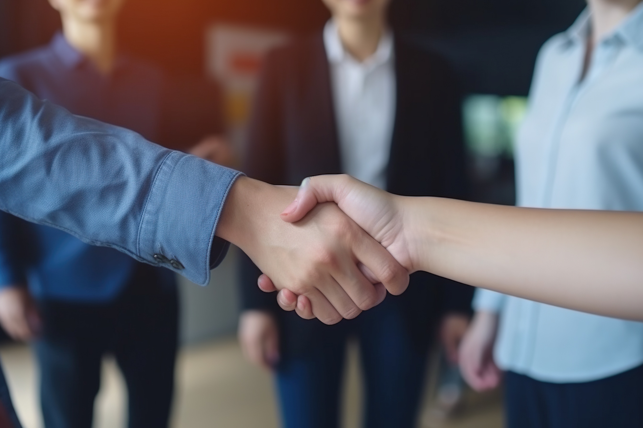 Close-up shot of hand shake, business shaking hands, finishing up meeting. Successful businessmen handshaking after meeting