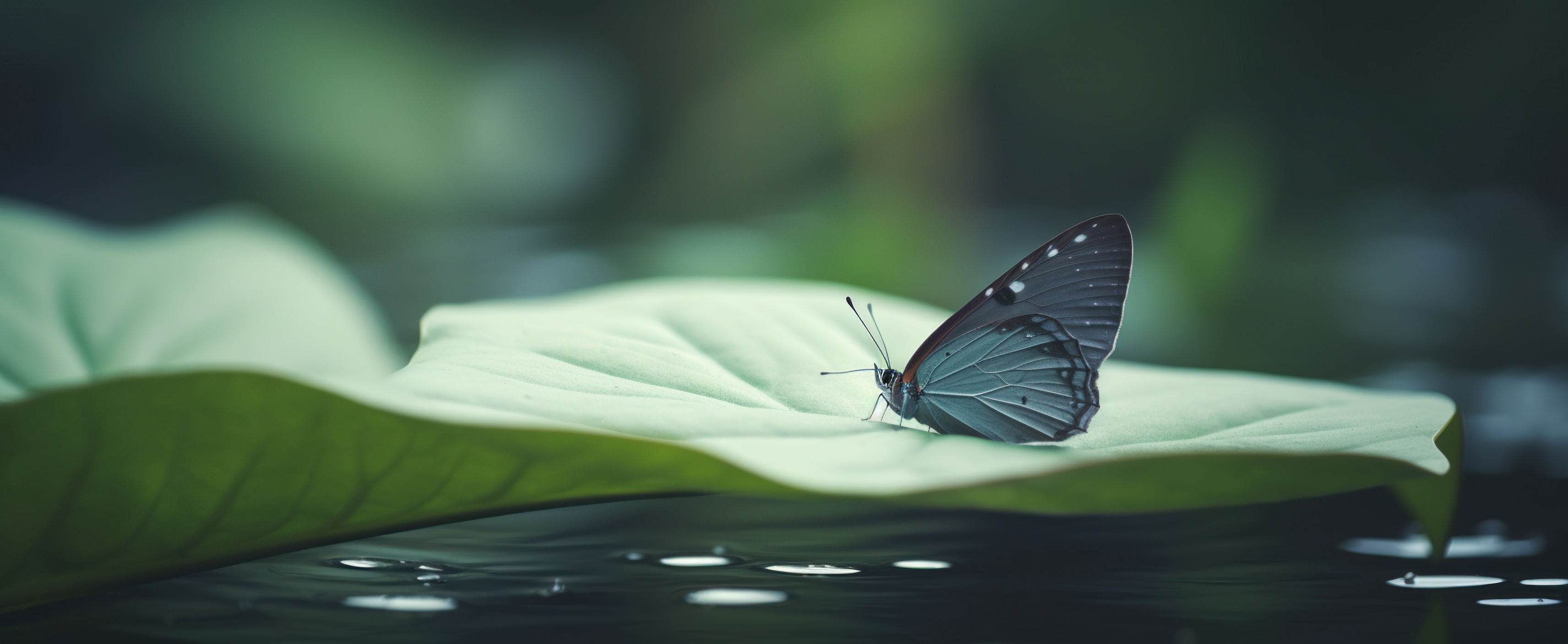 Butterfly sets on a green leaf over floating water, AI generative