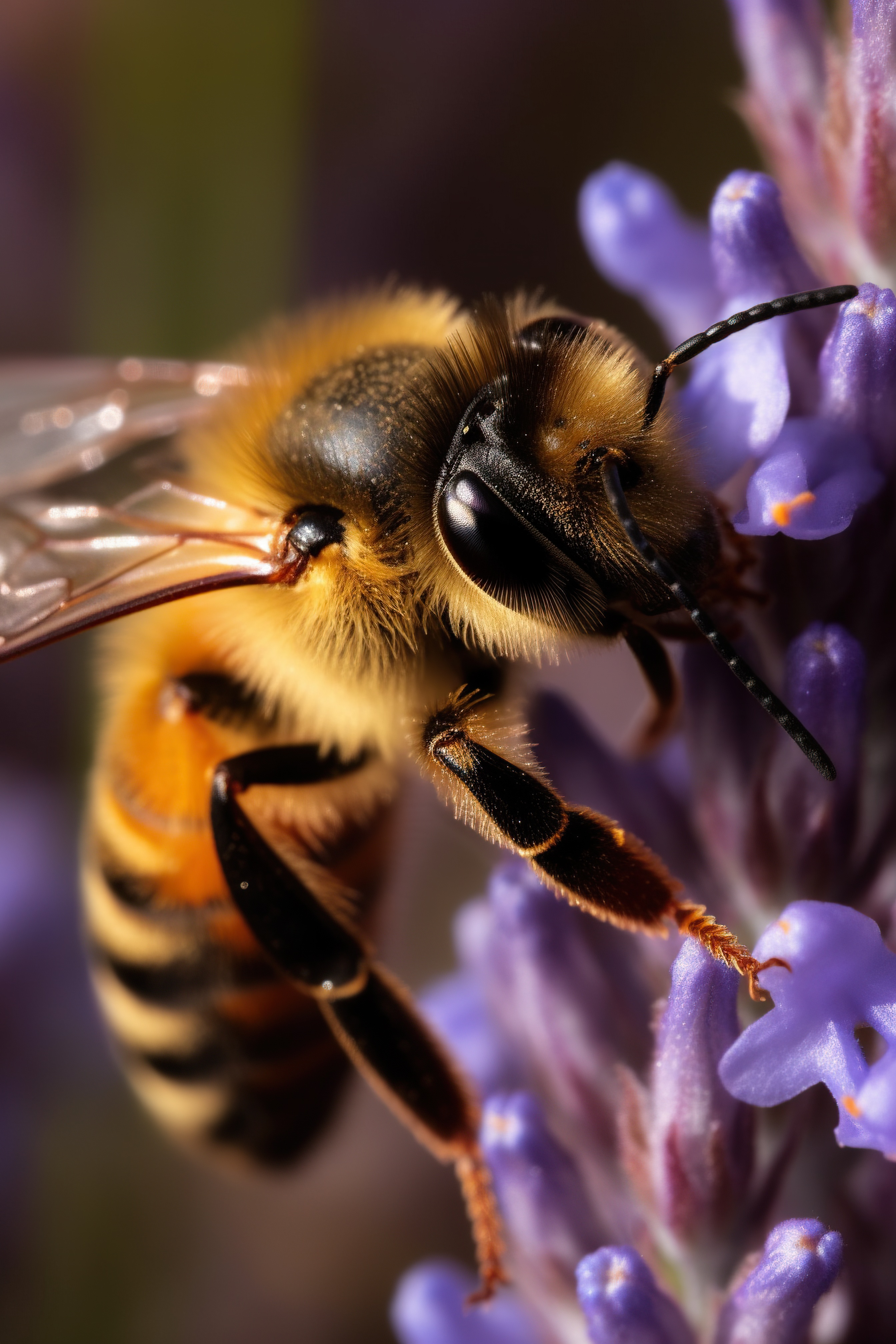Close-up shot head of a honey bee sitting on the violet or blue flower