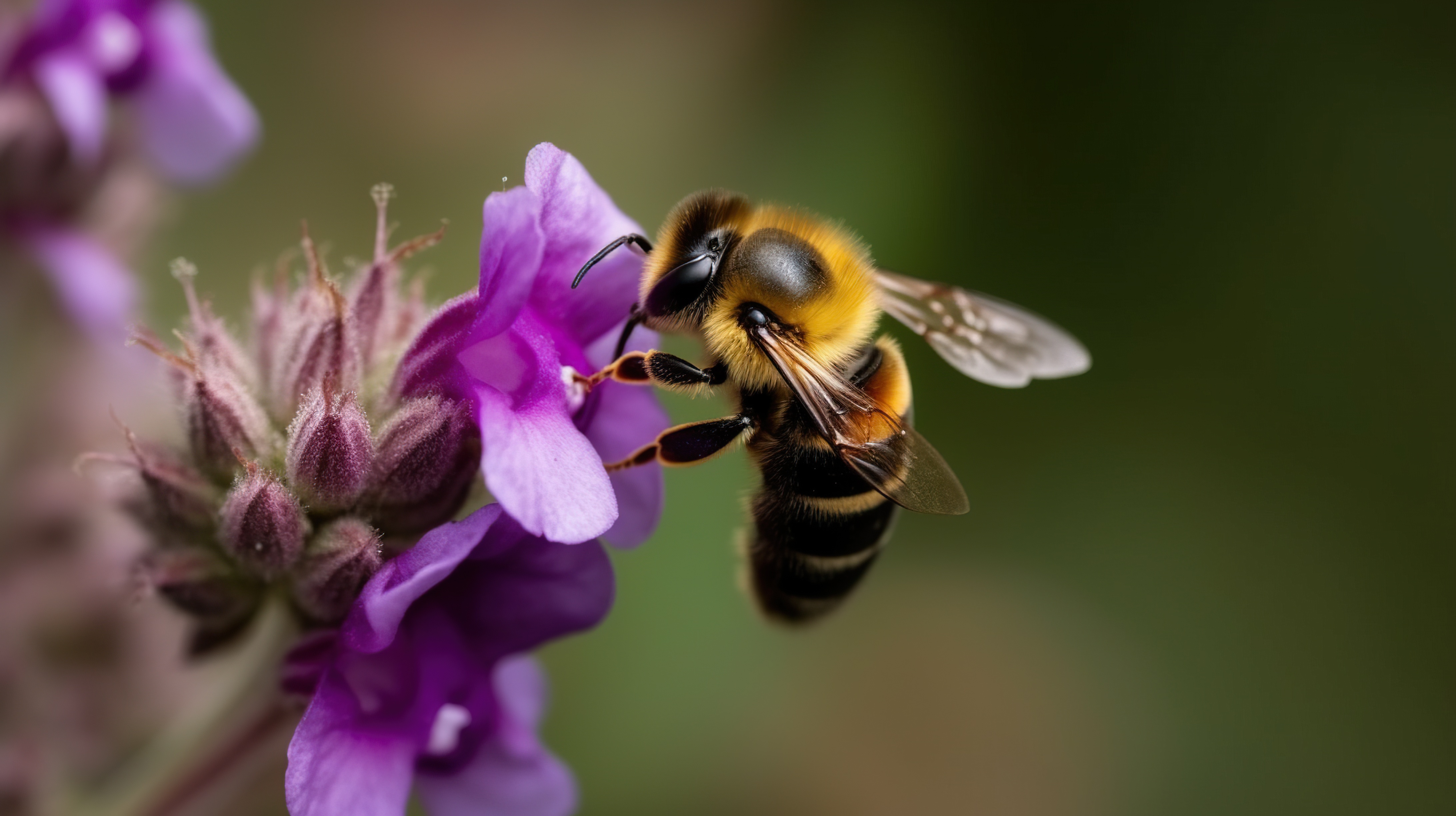 Close-up shot head of a honey bee sitting on the violet or purple flower