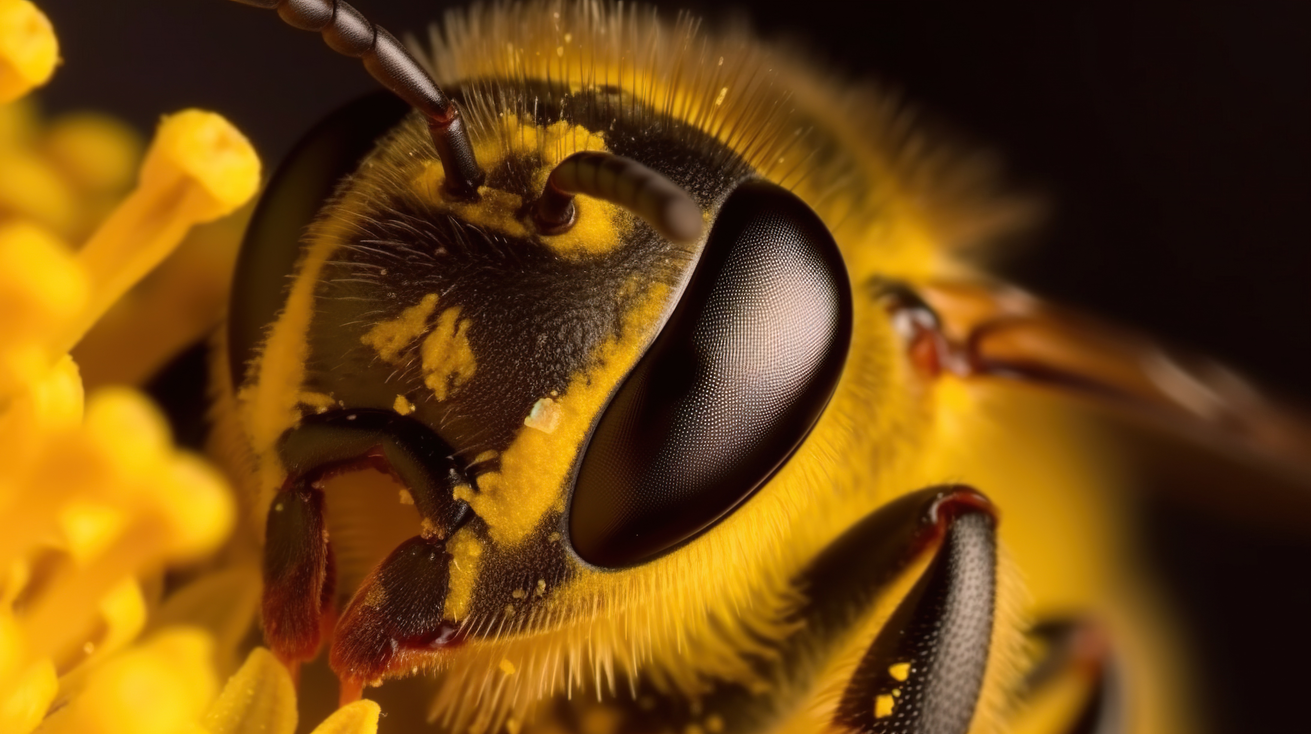 Close-up shot head of a honey bee sitting on the yellow flower