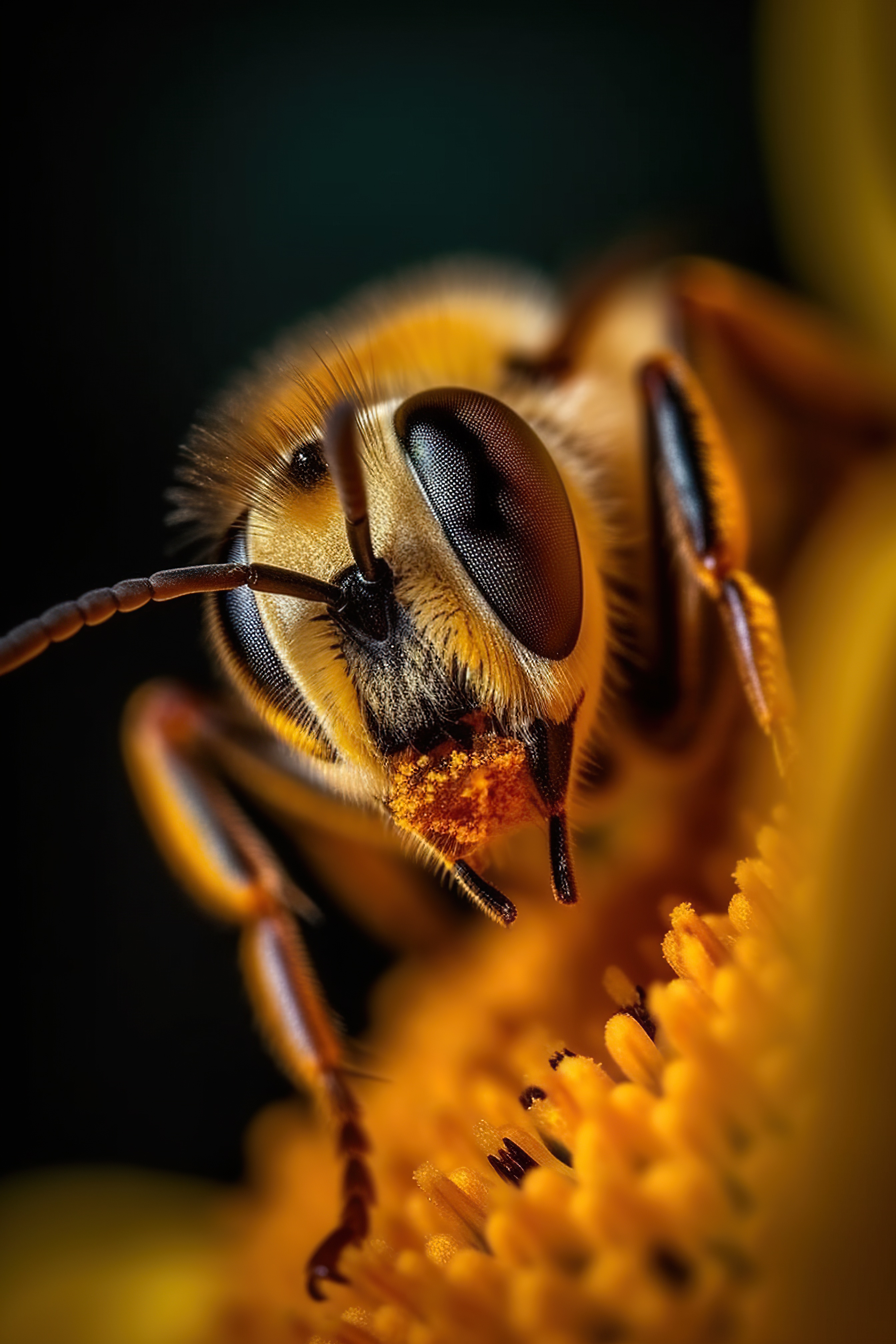 Close-up shot head of a honey bee sitting on the yellow flower
